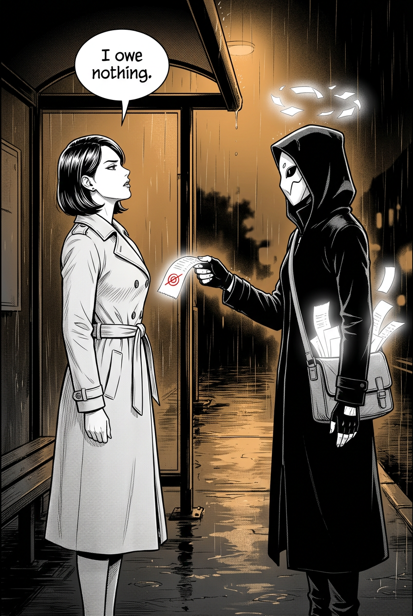 At a rainy night bus stop, a cold well-dressed woman in a pale trench coat lifts her chin and refuses the glowing receipt the masked courier holds out.