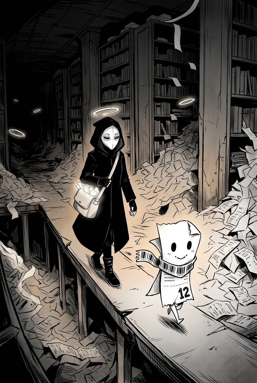 The little paper spirit leads the masked courier down into a vast, eerie underground archive of towering shelves and drifts of torn receipts, faint halos floating in the dark.