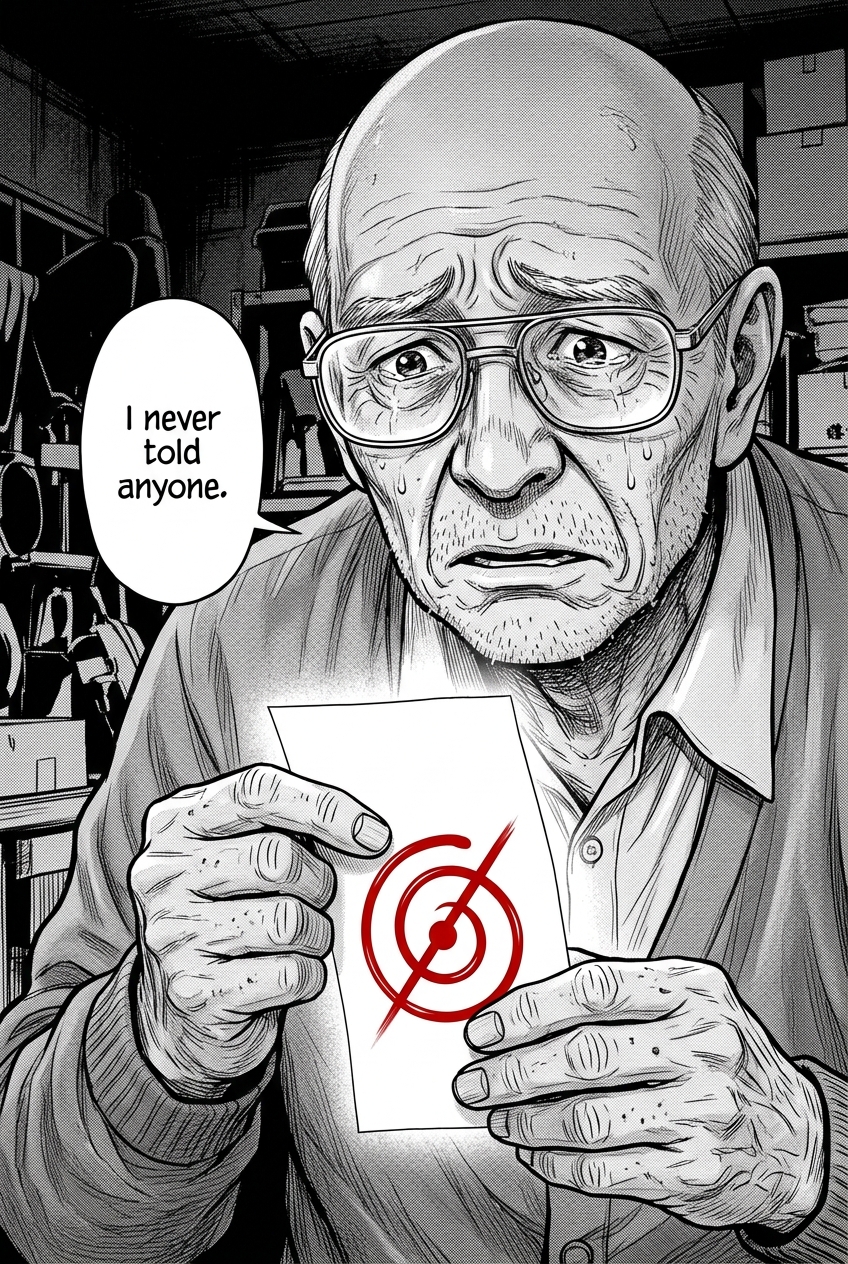 Extreme close-up of the old pawnbroker's face crumpling in dread as he stares at the glowing receipt in his trembling hands, the red glyph sharp upon it.