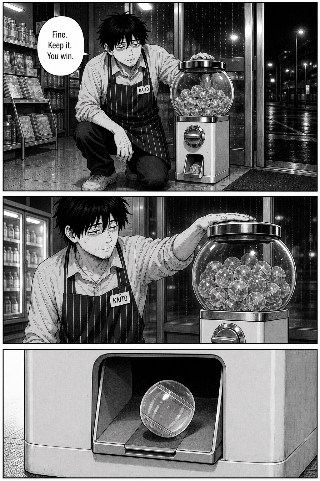 Kaito gives up, tells the machine it wins, and with a tired almost-smile gives it one gentle pat — and inside the chute the capsule shifts loose.