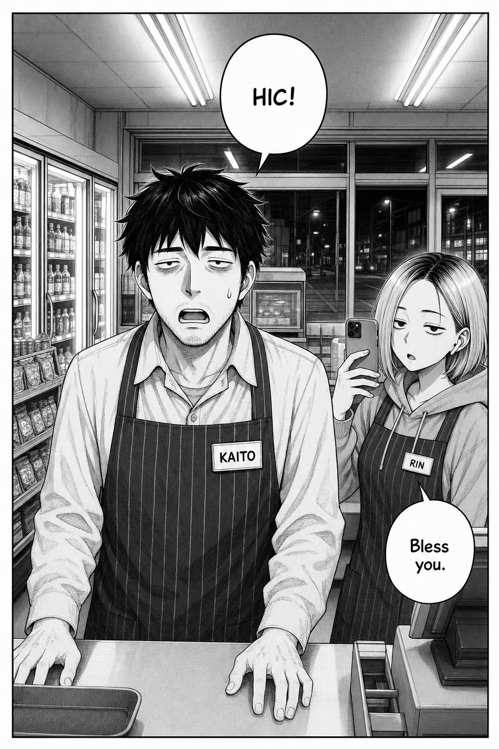 Close on Kaito behind the counter jolting mid-hiccup with a sweat bead and open mouth; Rin at the edge raises her phone to film him.