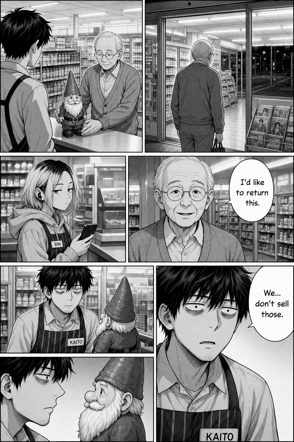 Six-panel manga page: a mild elderly man in a cardigan sets a ceramic garden gnome on the convenience store counter at night and asks to return it; Kaito stares in deadpan confusion while Rin glances over.