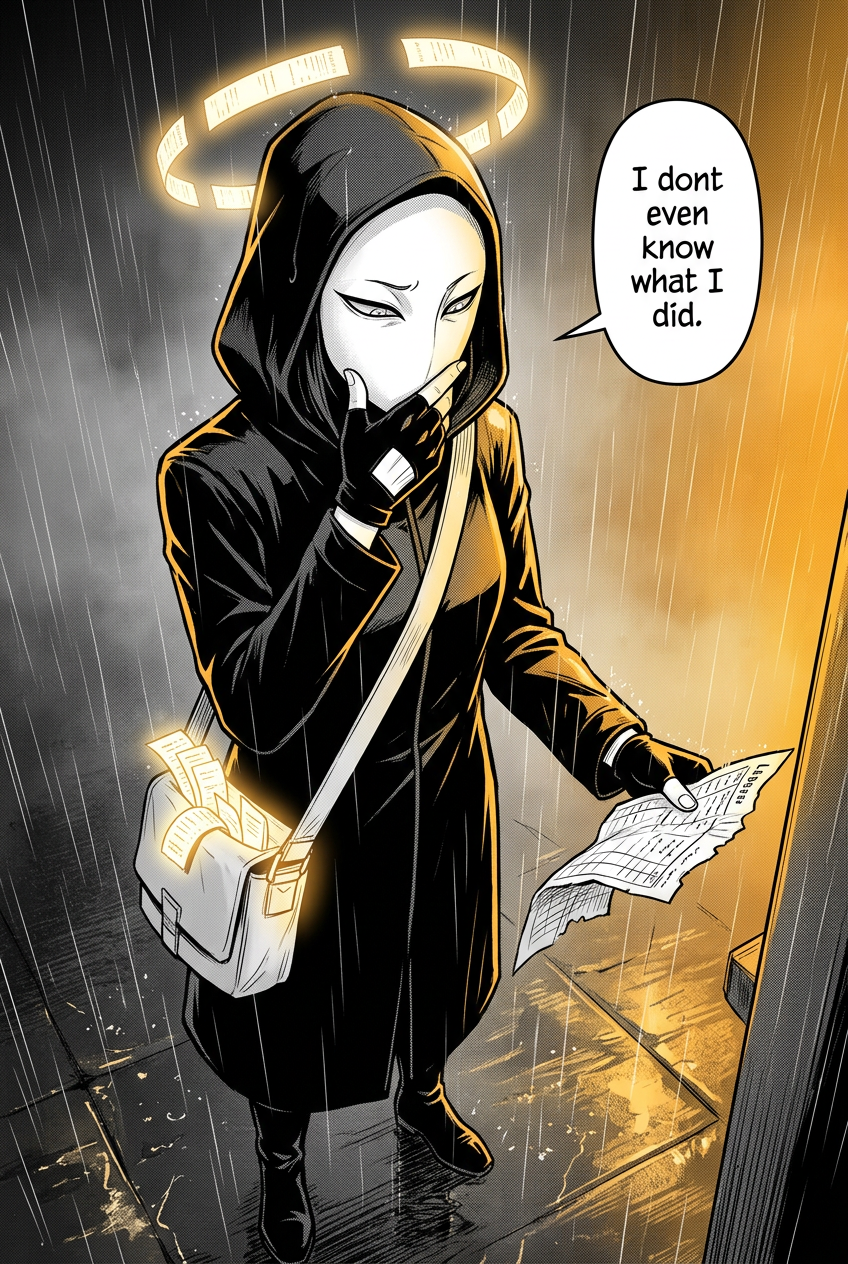 The masked courier stares down at the torn ledger page, her eyes stricken behind the mask, one gloved hand half-raised in disbelief.