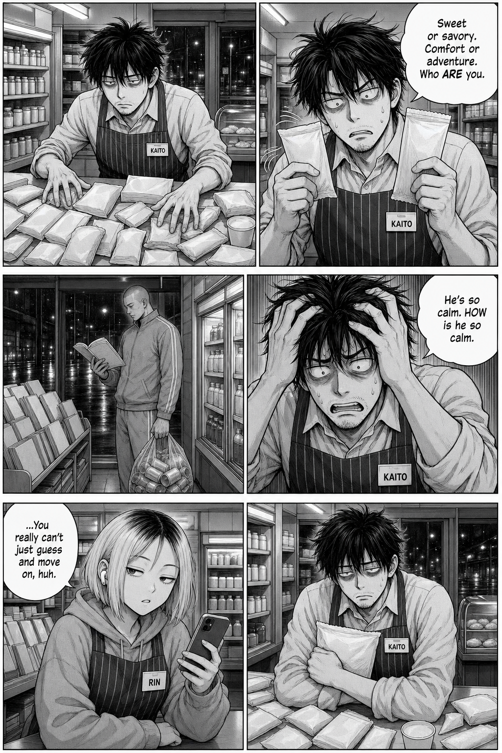 Kaito goes feral comparing snacks while the regular calmly reads a magazine; Rin asks if he really can't just guess.