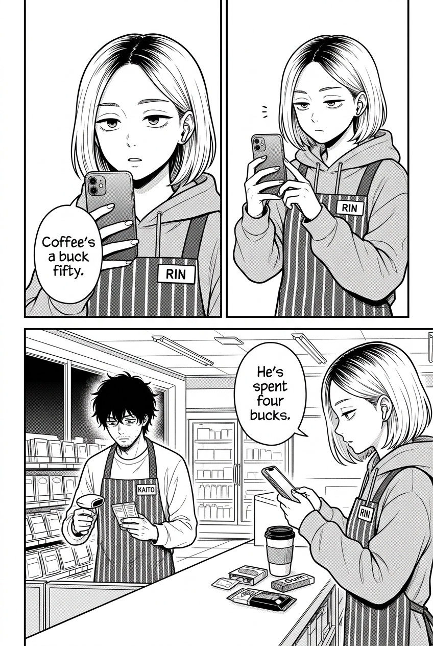 Four panels: Rin films and does the math, narrating that the coffee costs little but Kaito has spent far more chasing one point, while he obliviously scans another item.