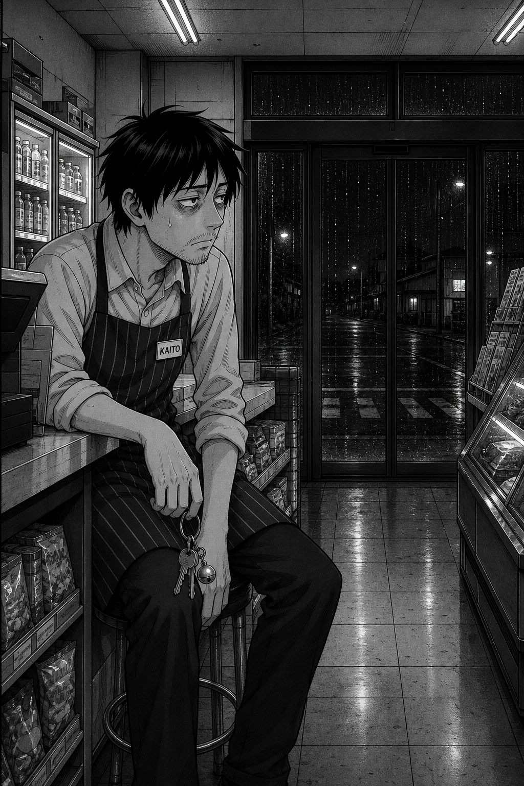 A single quiet full-page panel: Kaito slumped on the stool behind the counter, the keyring hanging limp from one finger, hollow exhausted eyes and a single sweat drop, staring at the dark sliding doors as the rain eases on the window.
