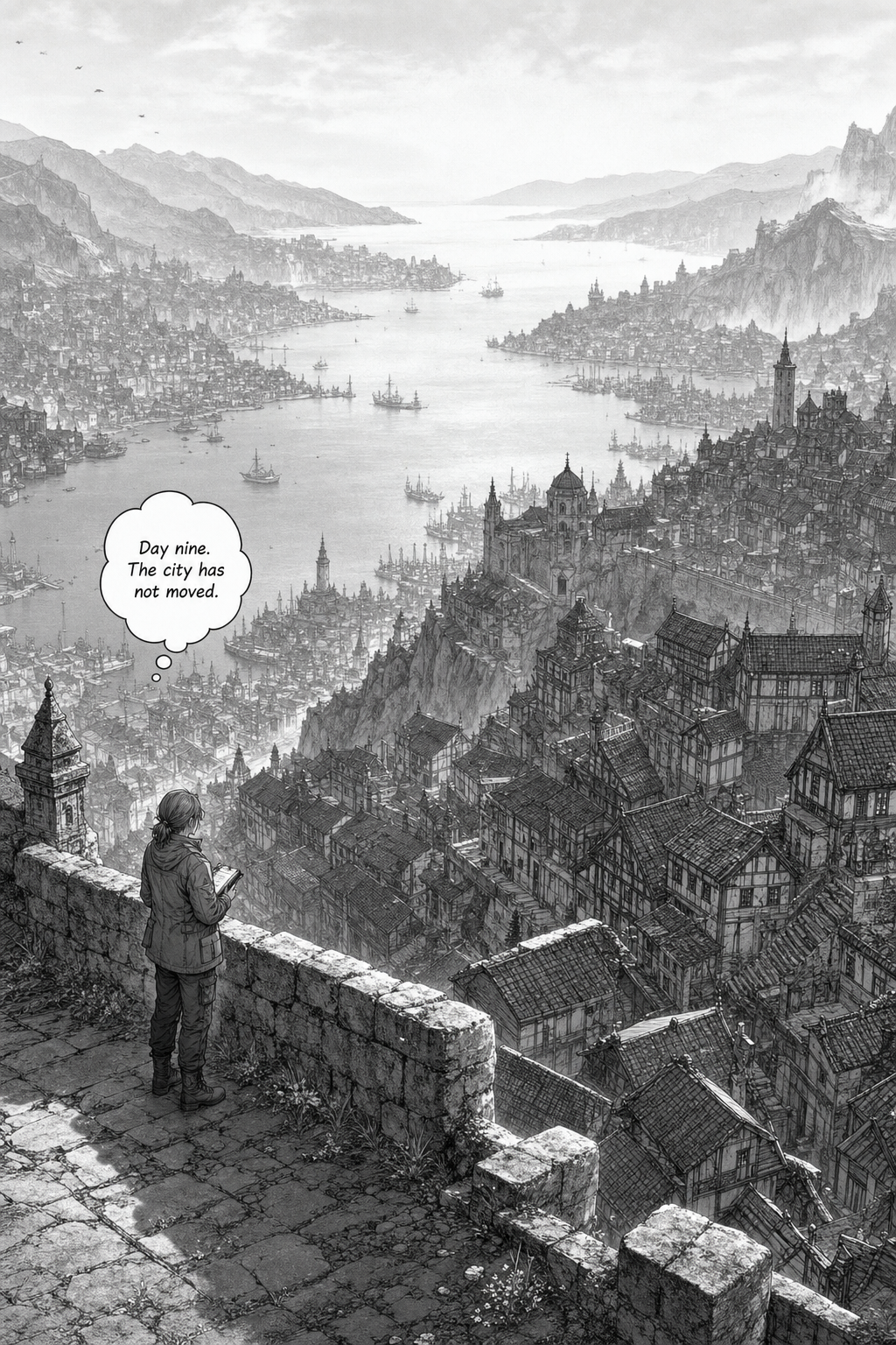 Full-page view of the harbour city of Ninefold from a high stone terrace. Thousands of tiled roofs step down layered slopes to a wide pale harbour crowded with ships, headlands fading into haze under a thin white sky. Merel Vosberg stands small at a stone parapet in the lower left, her open notebook in one hand, looking out over the city.