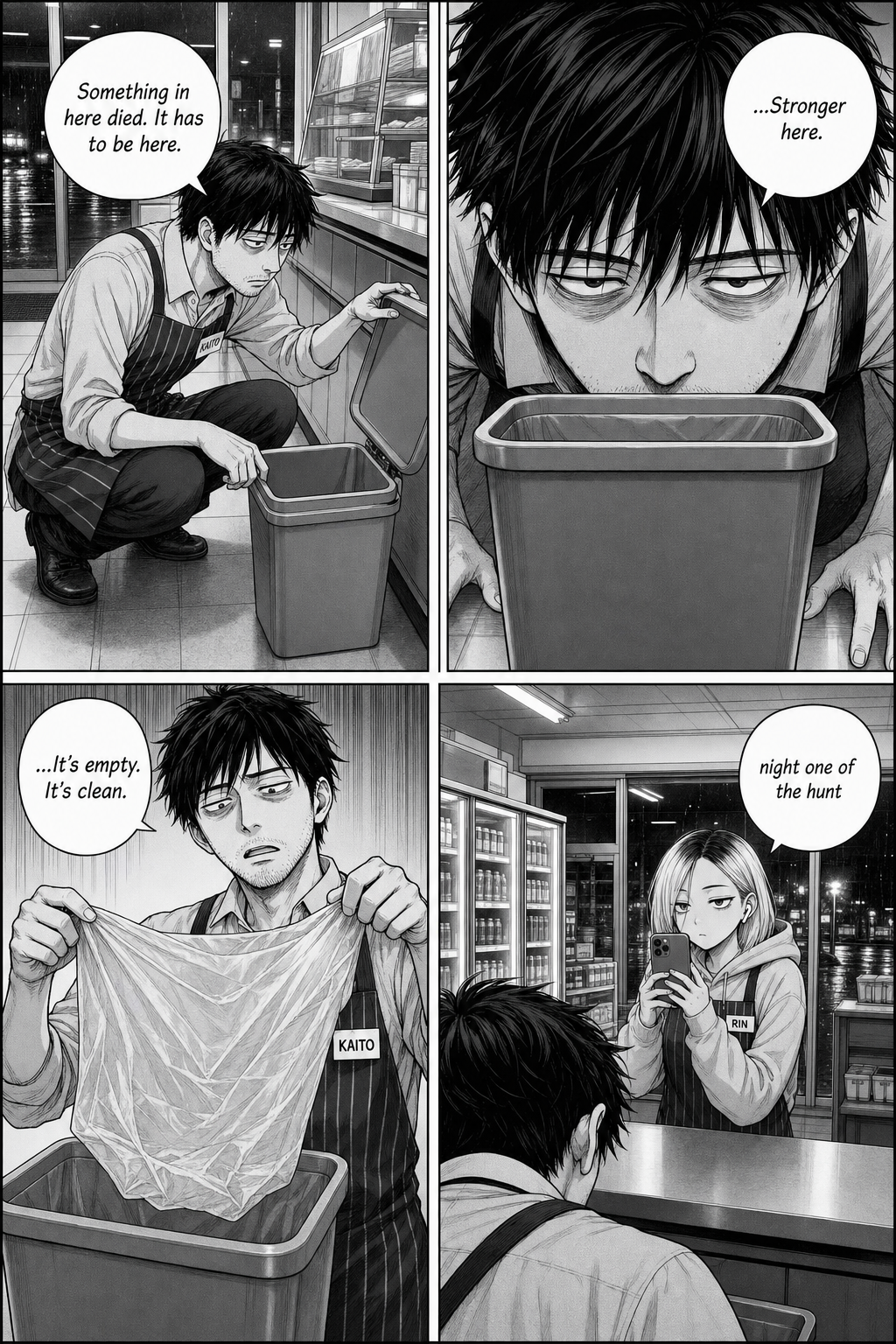 Kaito checks the trash bin, dropping to all fours to sniff it and muttering "Stronger here," but finds it clean and empty; Rin films him.