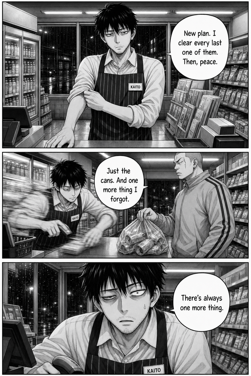 Three panels: Kaito rolls up his sleeves, vowing to clear every customer and finally get peace; he scans at blur speed as the tracksuit regular slides his cans over and mentions one more thing; Kaito freezes mid-scan, eye twitching.