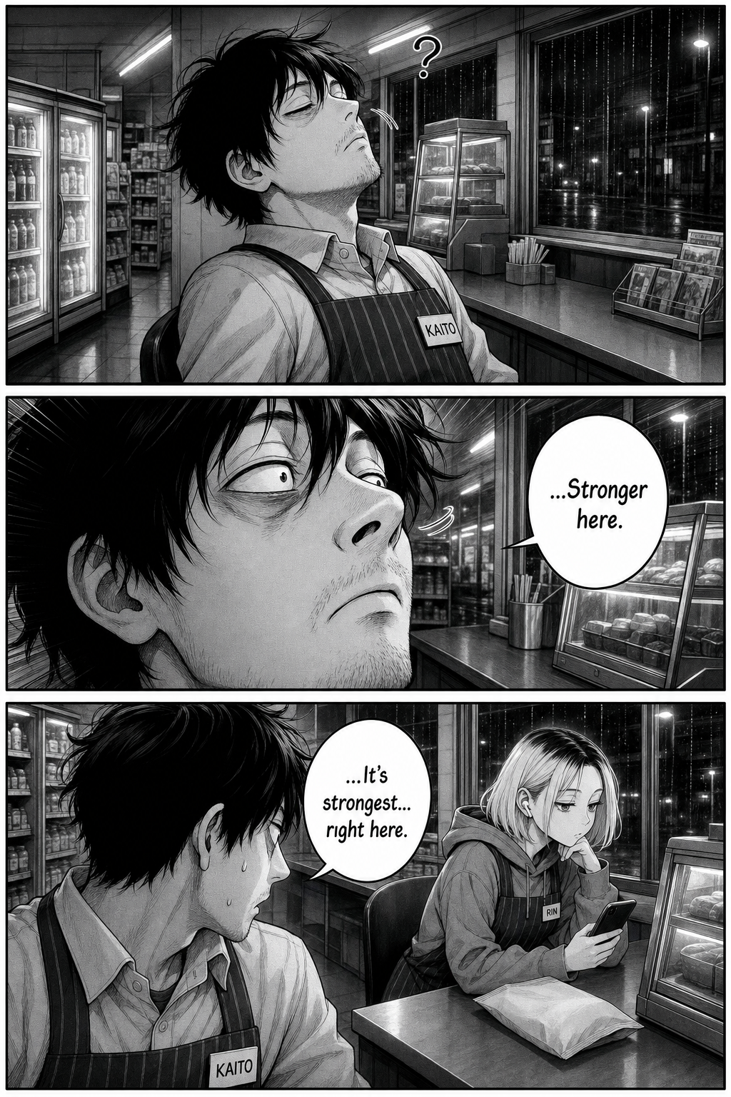Sitting still at last, Kaito's nose twitches — the running beat inverts. He freezes mid-sniff, "Stronger here," and turns in dread toward the counter beside Rin, where a blank foil bag sits.