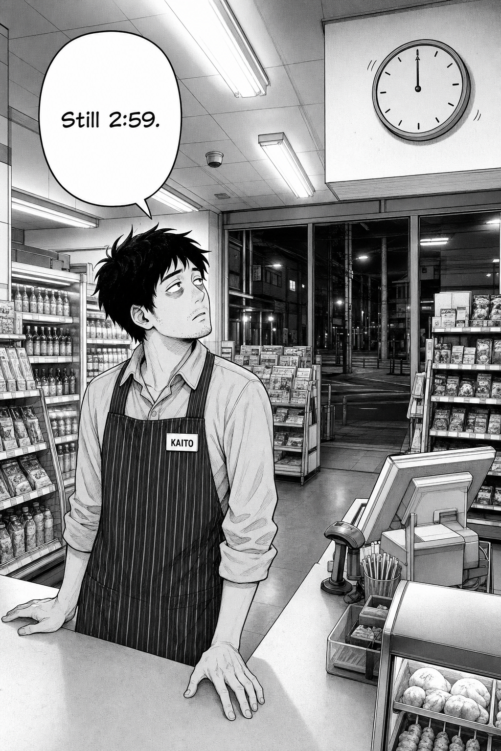 Wide night view inside a 24-hour convenience store. Kaito stands behind the register and glances up over his shoulder at a round wall clock whose hands sit at the top.