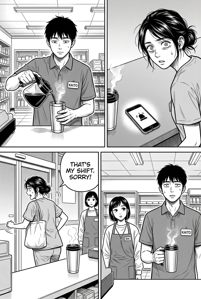 Four panels: Kaito finally pours the coffee, the nurse's alarm goes off, she apologizes and rushes out empty-handed, and Kaito is left holding the full mug in shock.