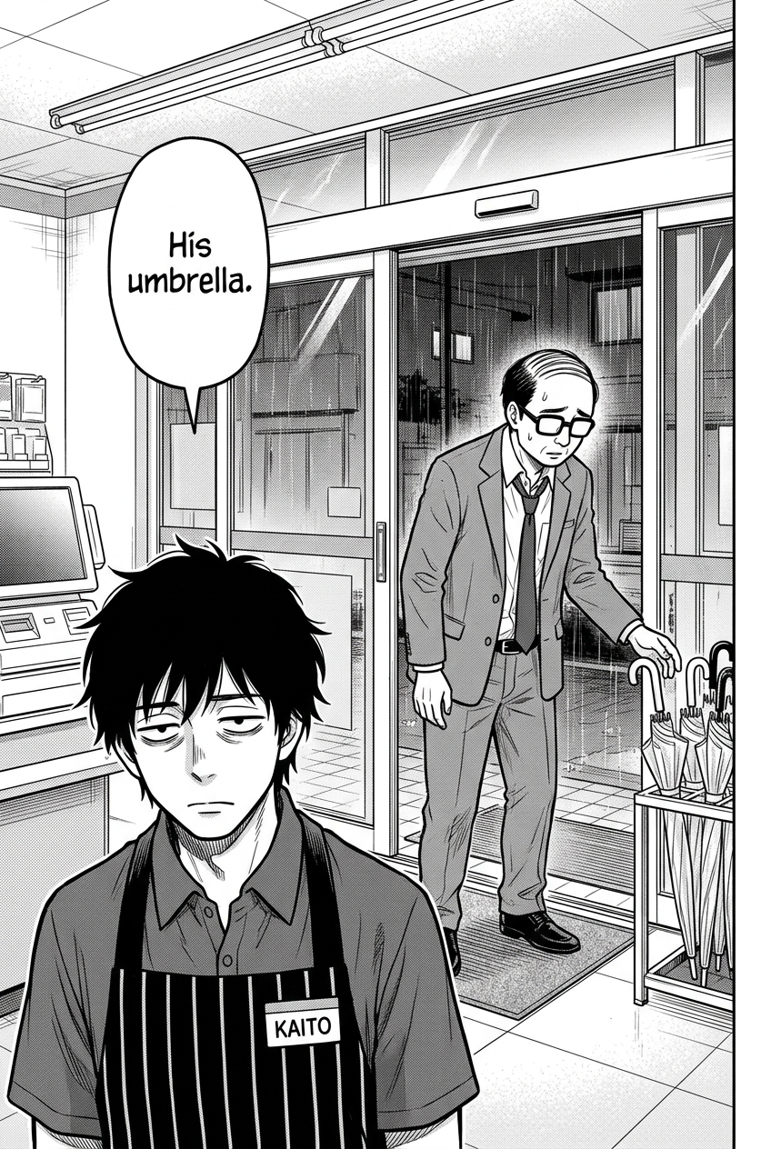 The sliding doors open again and the same salaryman steps back in, reaching sheepishly for a forgotten clear plastic umbrella by the door. In the foreground Kaito deflates, shoulders slumping in deadpan disappointment.