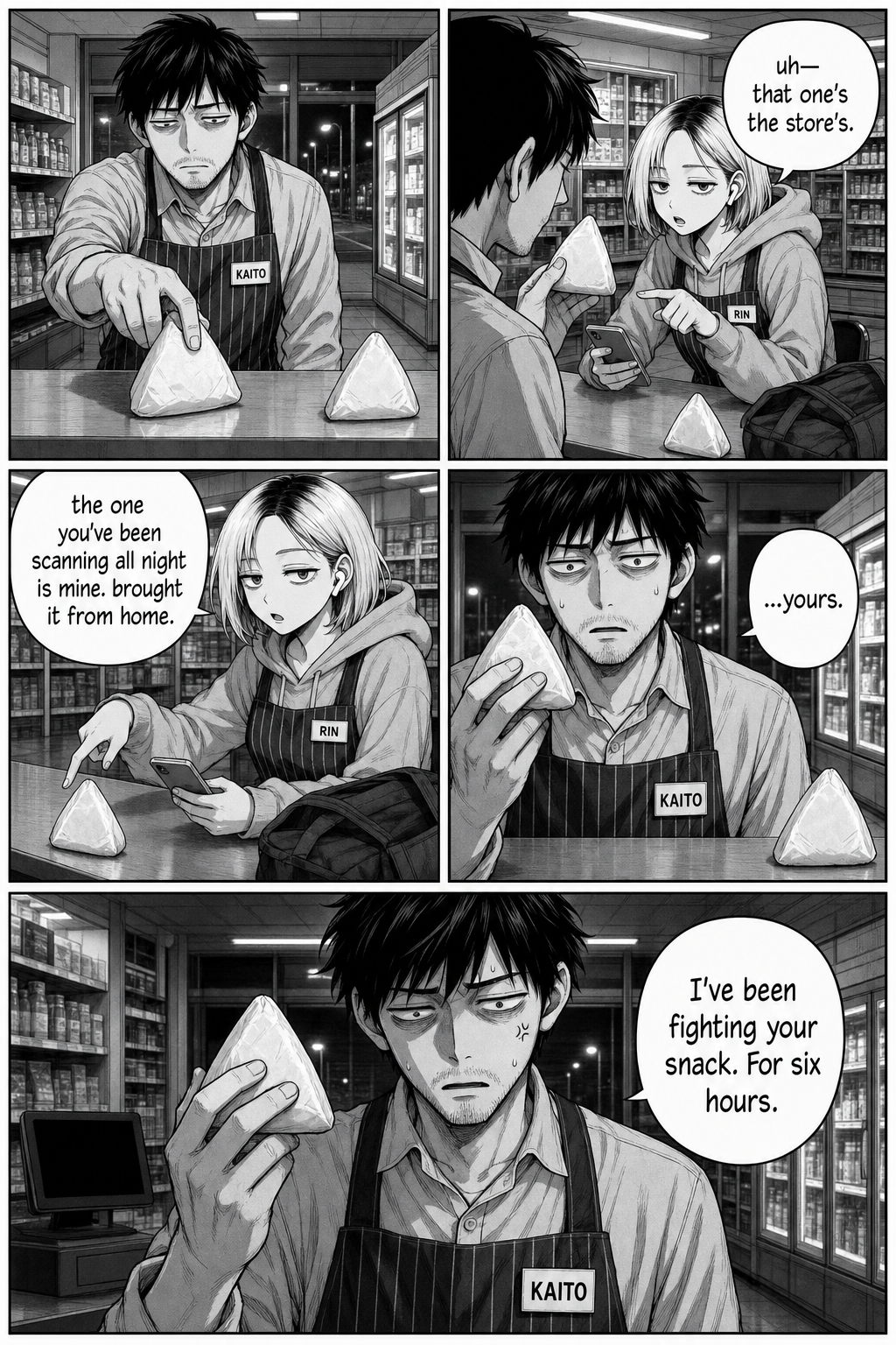 Rin reveals the rice ball Kaito has fought all night is her own snack from home, not the store's; Kaito freezes in horror.