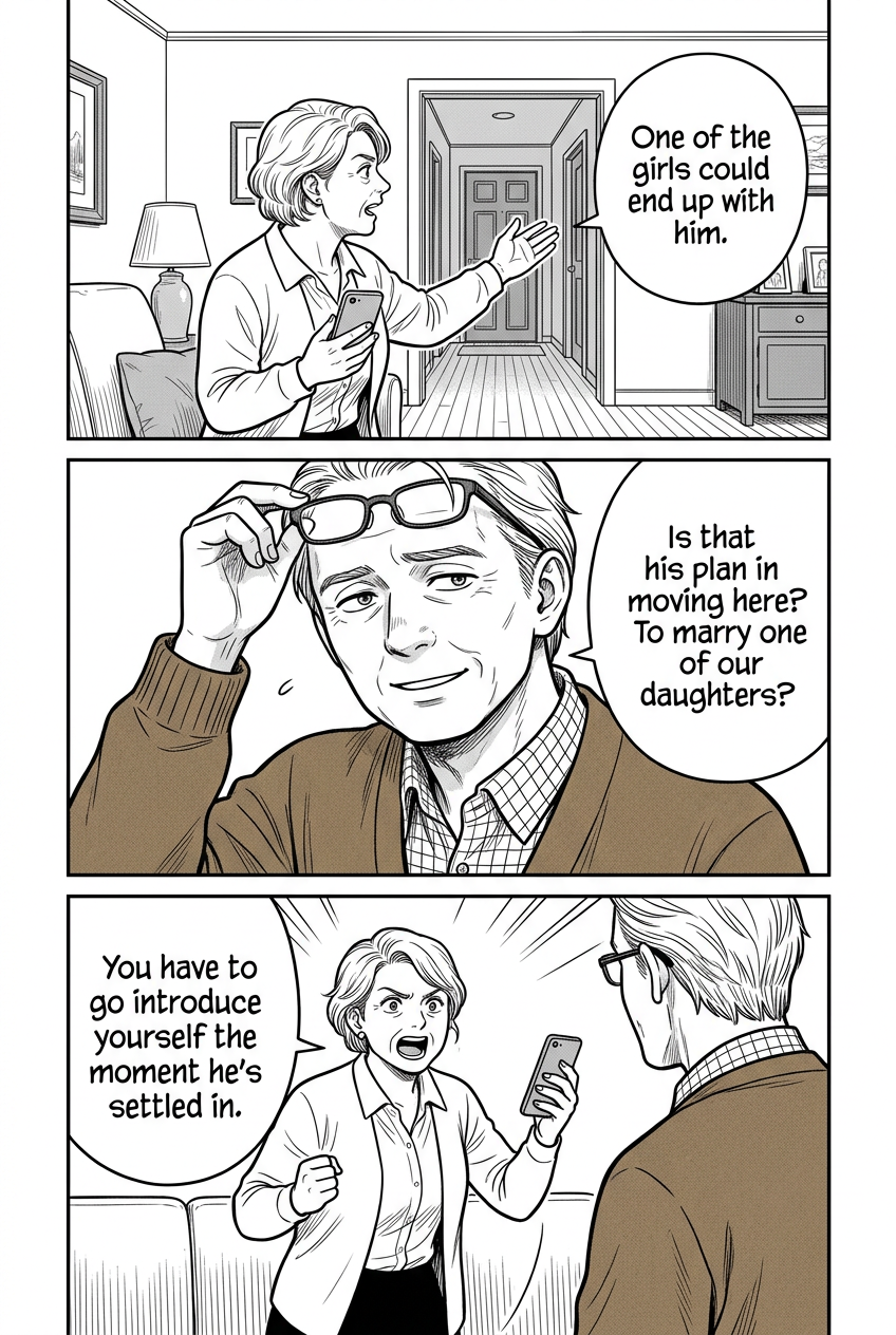 Three panels: Mrs. Bennet gesturing toward the hall; Mr. Bennet feigning innocence over his glasses; and Mrs. Bennet rounding on him decisively.