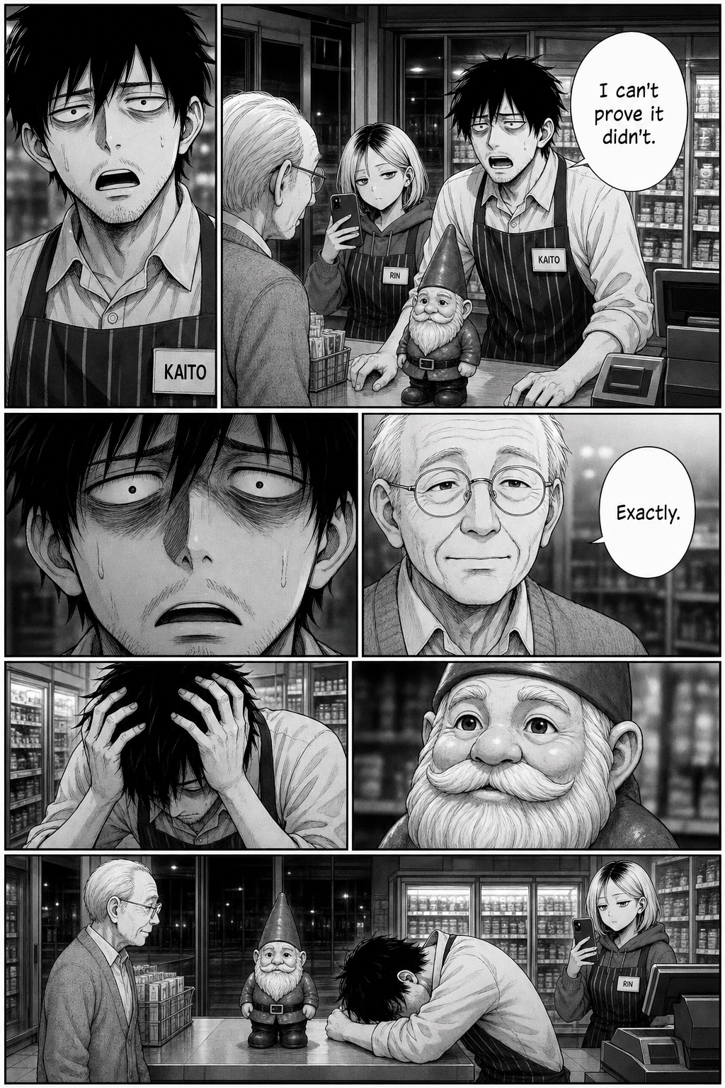 Dense manga page: Kaito realizes he cannot prove the gnome did not come from the store; the logic trap closes on him and he clutches his head in despair while the old man stays serene.