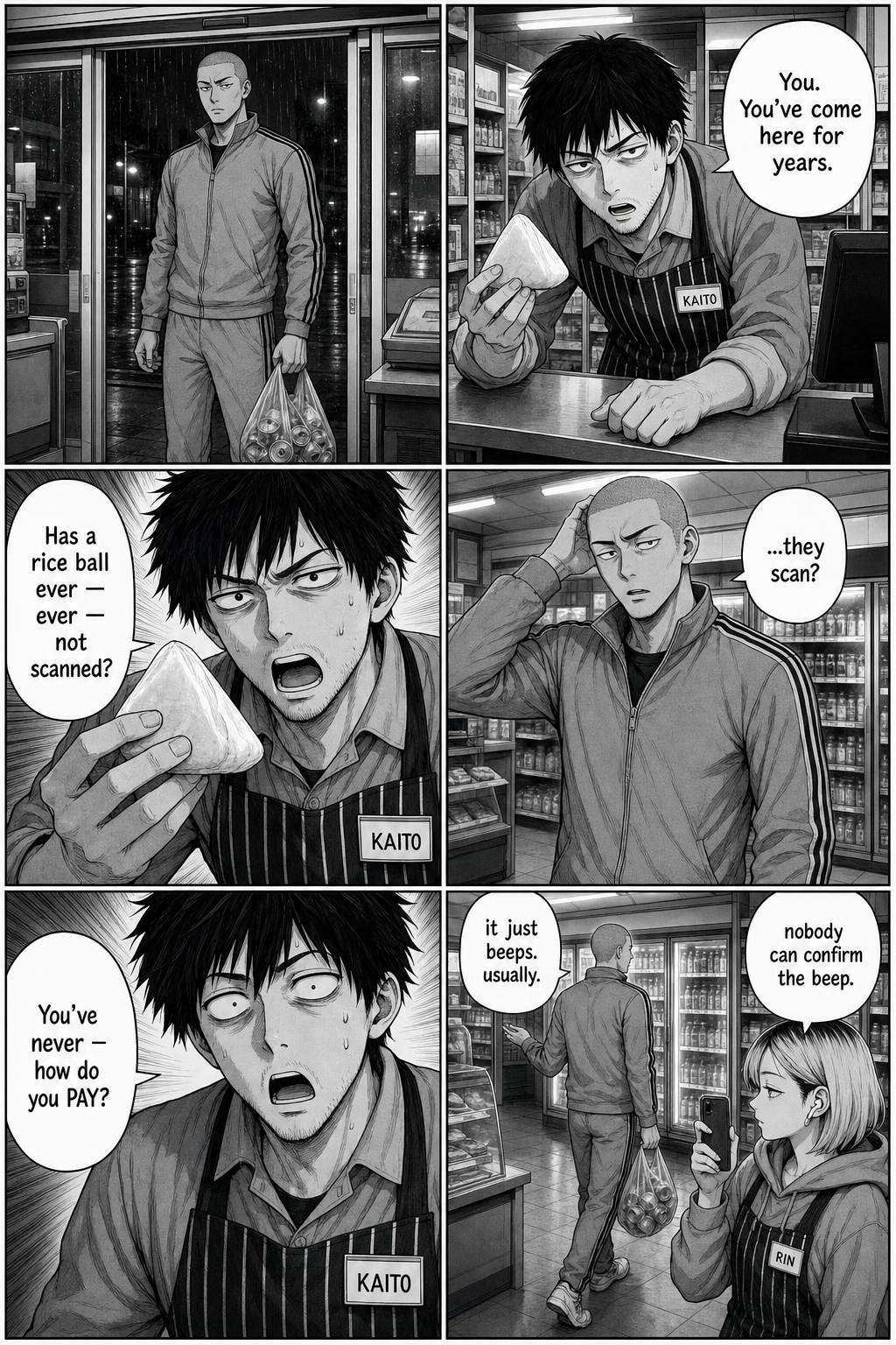 Kaito interrogates the tracksuit regular about whether a rice ball has ever failed to scan; the regular isn't even sure things beep.