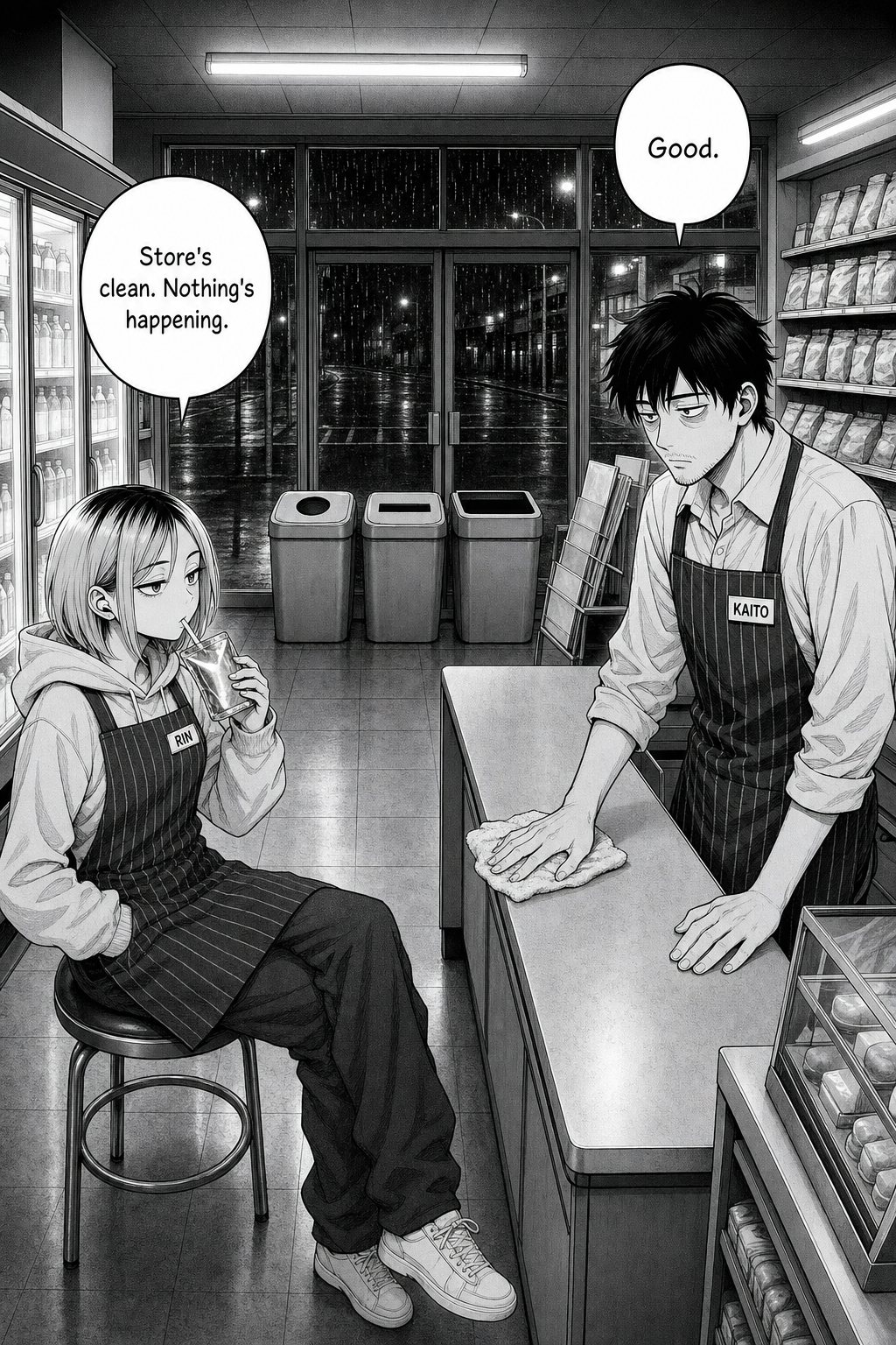 Wide night view inside a convenience store: Rin sits on a stool sipping a drink pouch while Kaito wipes the counter, three waste bins by the rain-streaked doors.