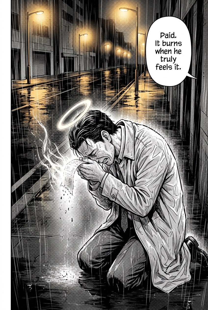 The guilty man kneels weeping in the rain as his receipt dissolves into ash and light and his halo settles into a faint permanent ring above his bowed head.