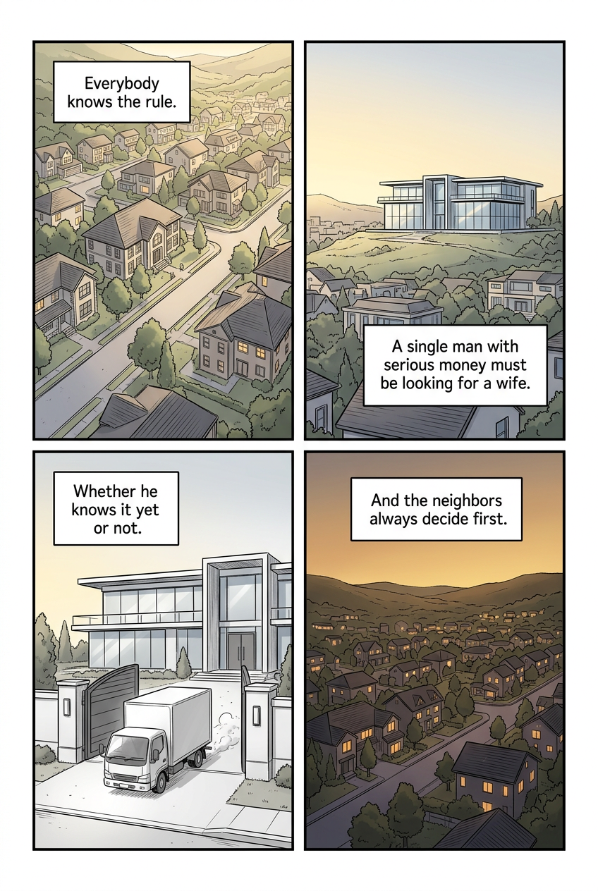 Four panels: an aerial of an affluent town at golden hour; a sleek glass mansion on a distant hill; the mansion gate with a small moving truck arriving; and the town at dusk with lights coming on.
