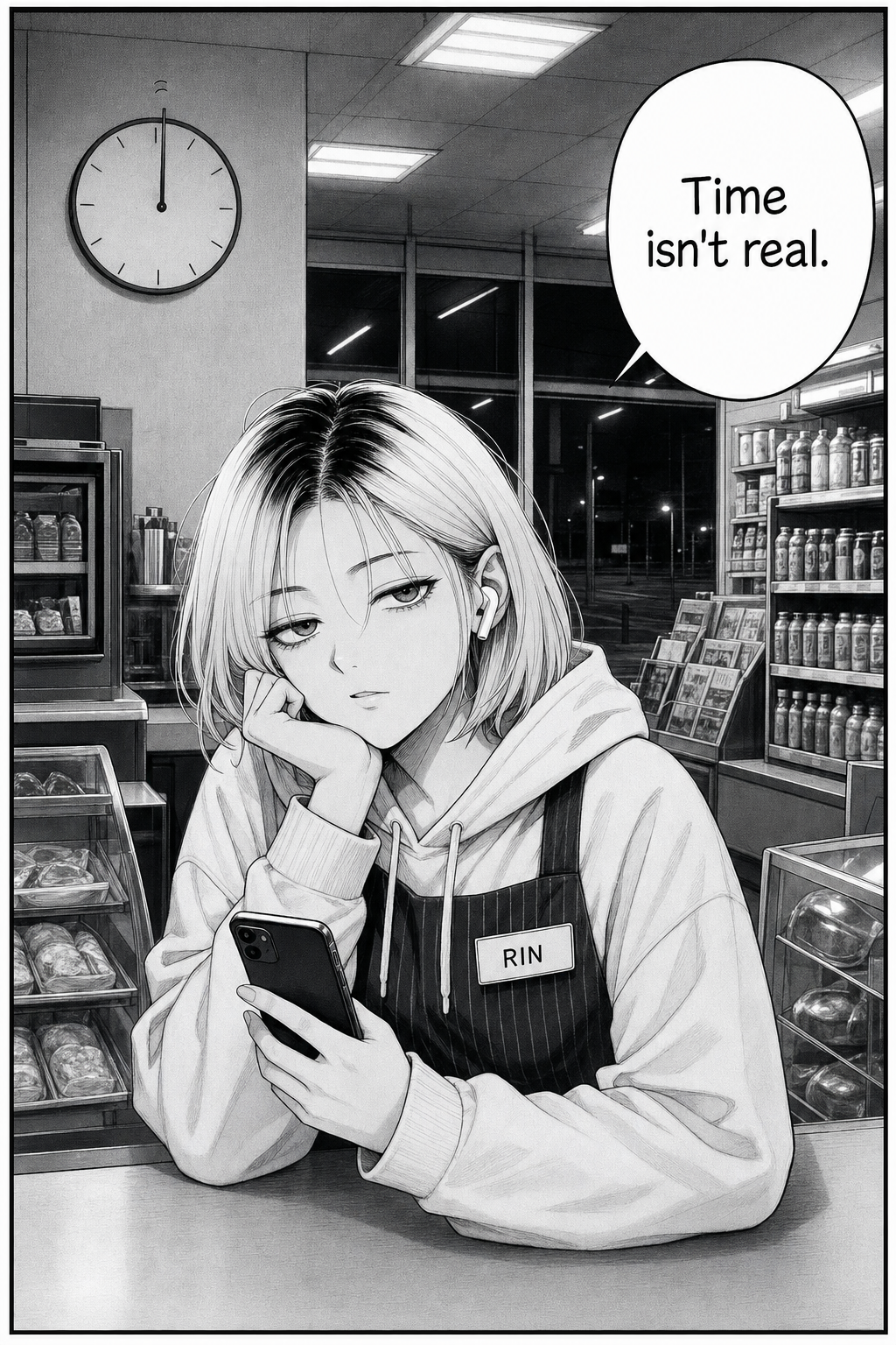 Rin leans on the counter, bored, one earbud in and phone in hand, giving a flat half-smirk. The stuck wall clock is visible on the wall behind her.