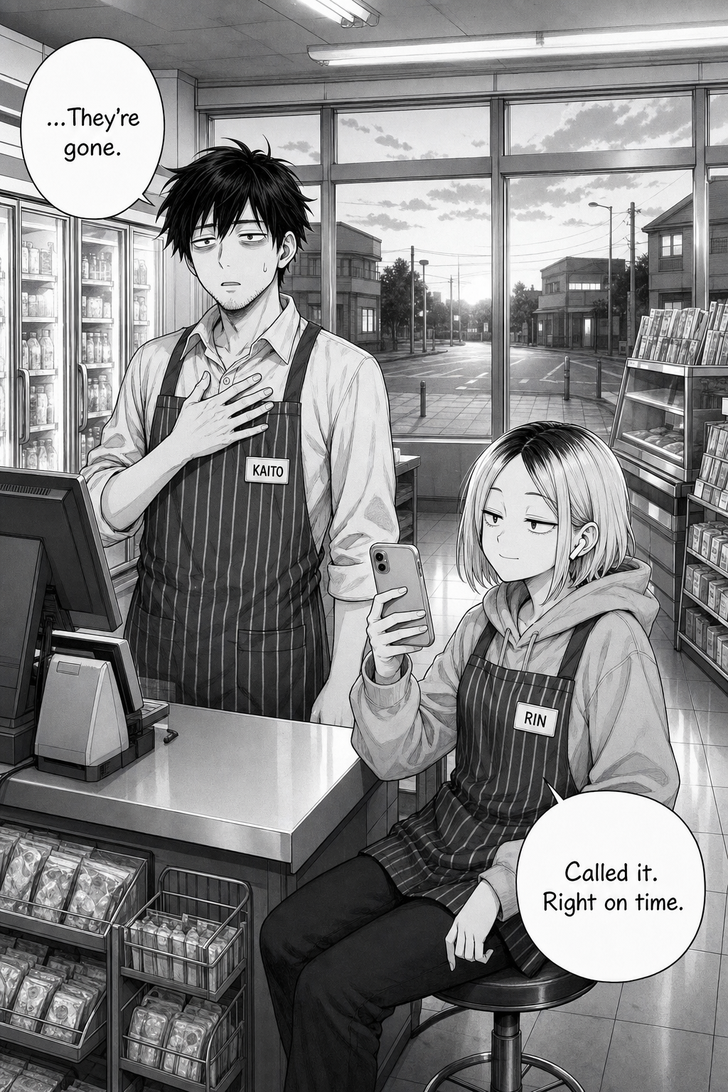 Dawn wide shot mirroring the opening: Kaito stands relieved with a hand on his chest, hiccups gone, while Rin smirks on her stool holding up her phone.