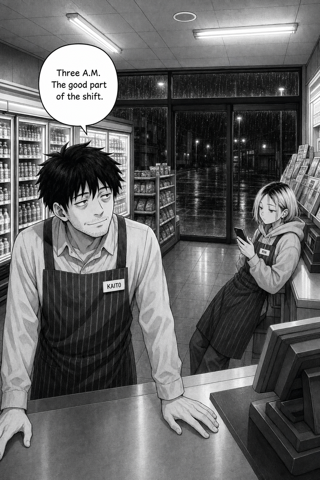 A spotless 24-hour convenience store at night; Kaito stands alone at the register while Rin leans on the far counter on her phone, rain on the windows.