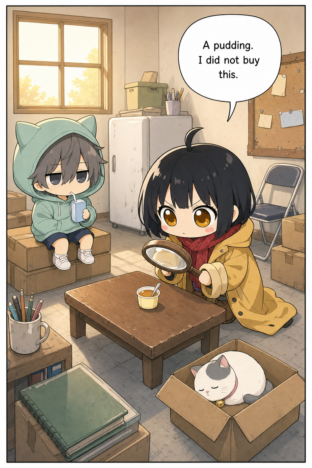 Wide view of the Tiny Case Agency clubroom. A chibi girl in an oversized mustard-yellow coat and red scarf leans over a low wooden desk holding a big magnifying glass, frowning at a single small pudding cup with a spoon in it. A chibi boy in a mint-green cat-ear hoodie sips a juice box on the cardboard boxes, and a round white cat sleeps in an open box on the floor.