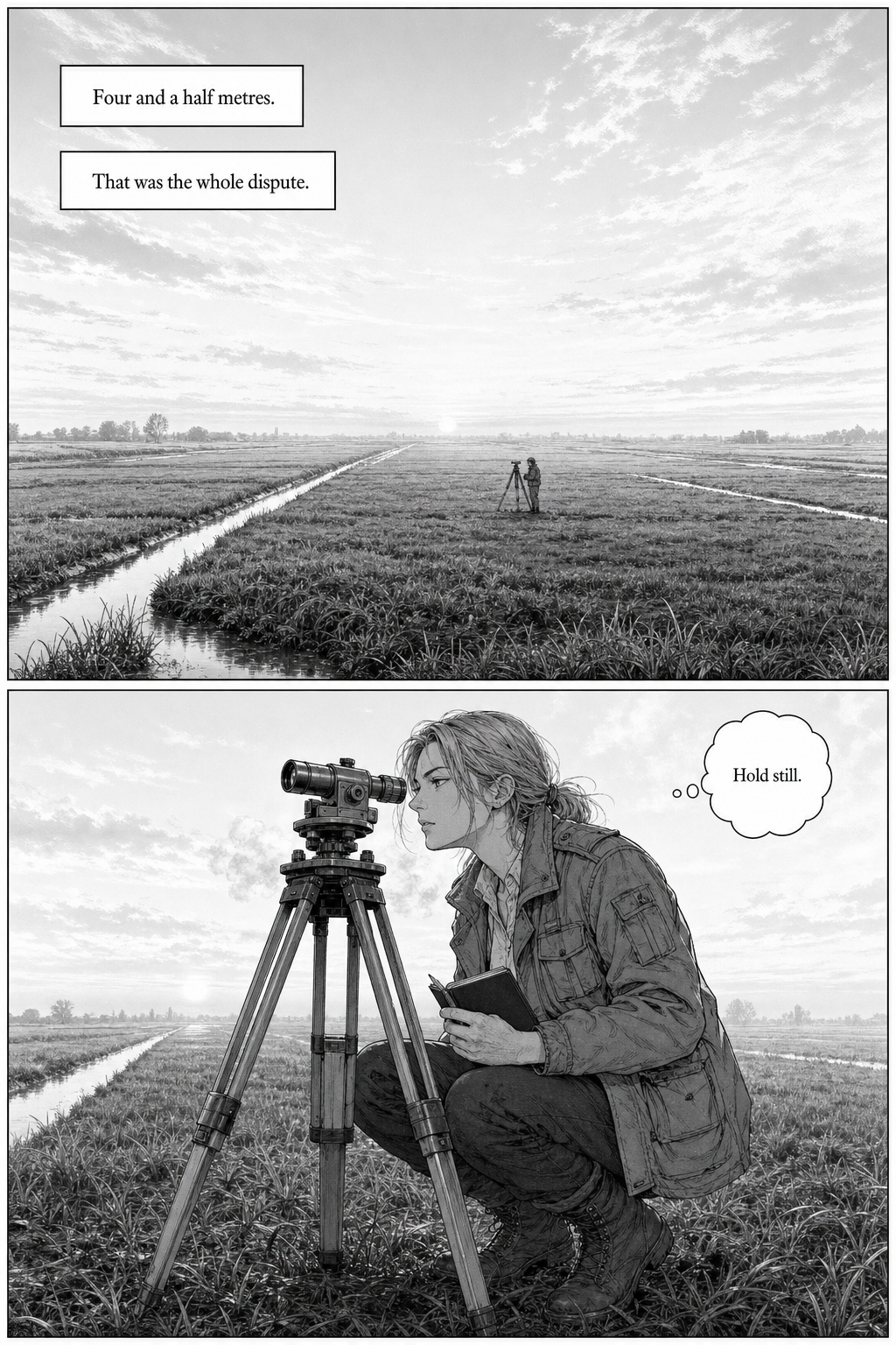 A vast flat expanse of reclaimed farmland at dawn, divided into long rectangles by straight drainage ditches beneath an enormous pale sky, with a single small figure standing beside a tripod-mounted surveying instrument in the middle distance.