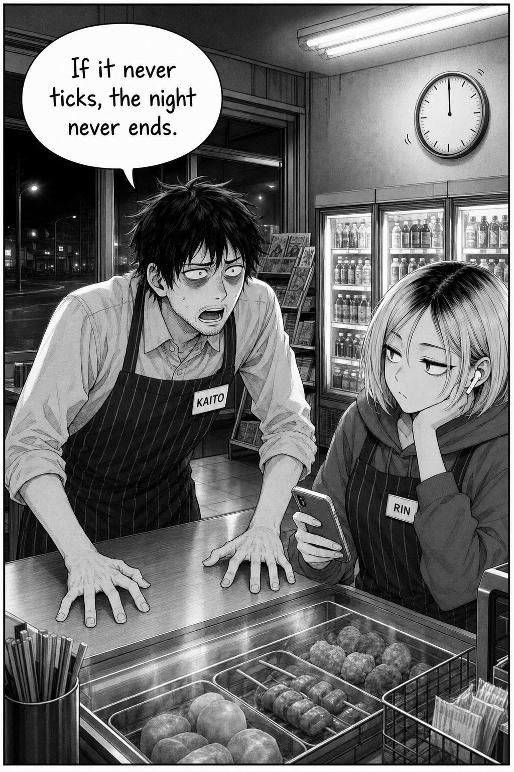 Kaito leans urgently across the hot-food counter toward Rin, hands flat on the surface, wide-eyed and spiraling. Rin, beside him, keeps glancing at her phone.