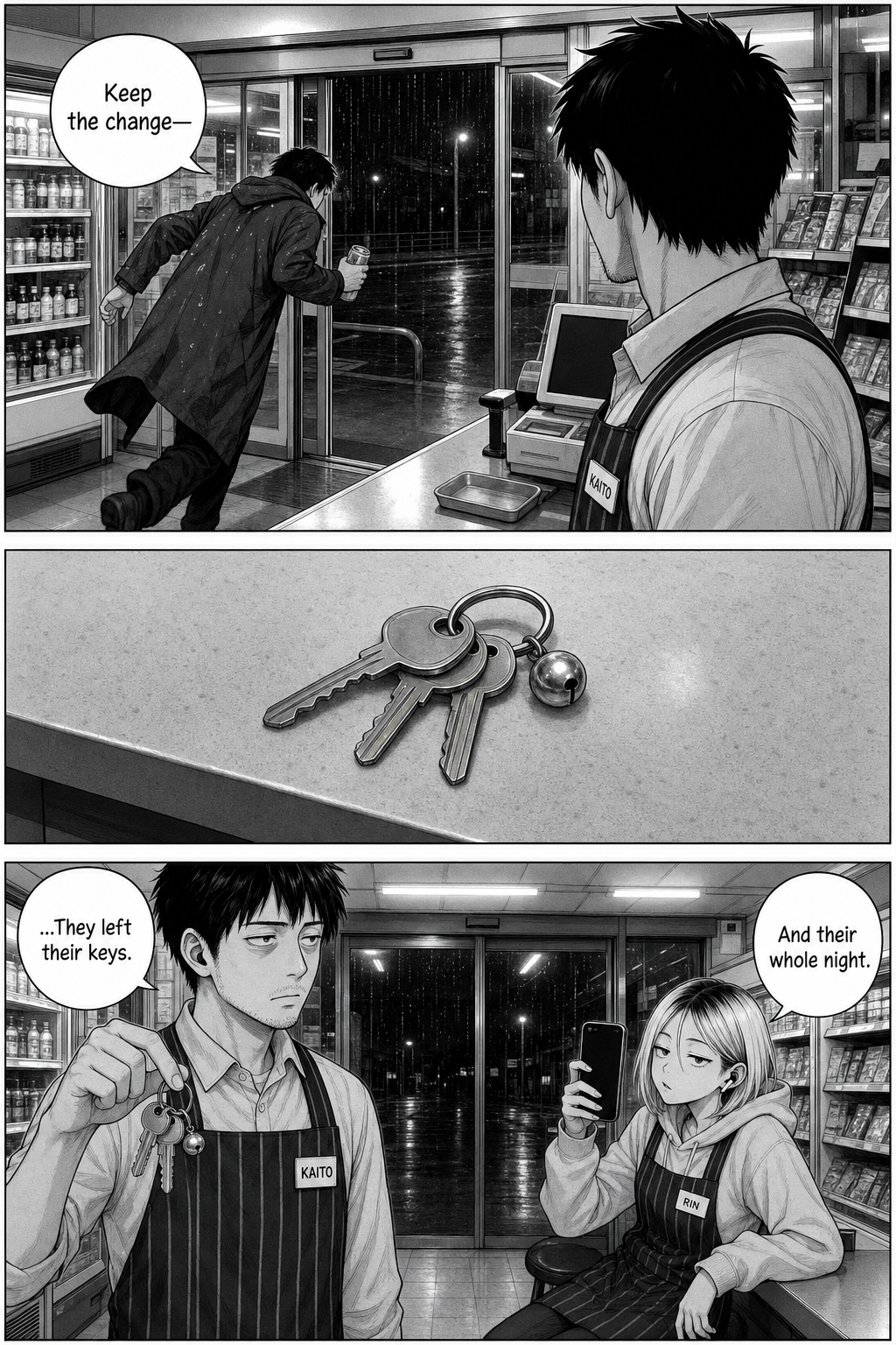 Three panels: a customer in a rain-dark coat hurries out the sliding doors with a canned drink; a close-up of a keyring with three brass keys and a small round bell left alone on the bare counter; Kaito holds the keyring up, staring at the closed doors as Rin lifts her phone to film.