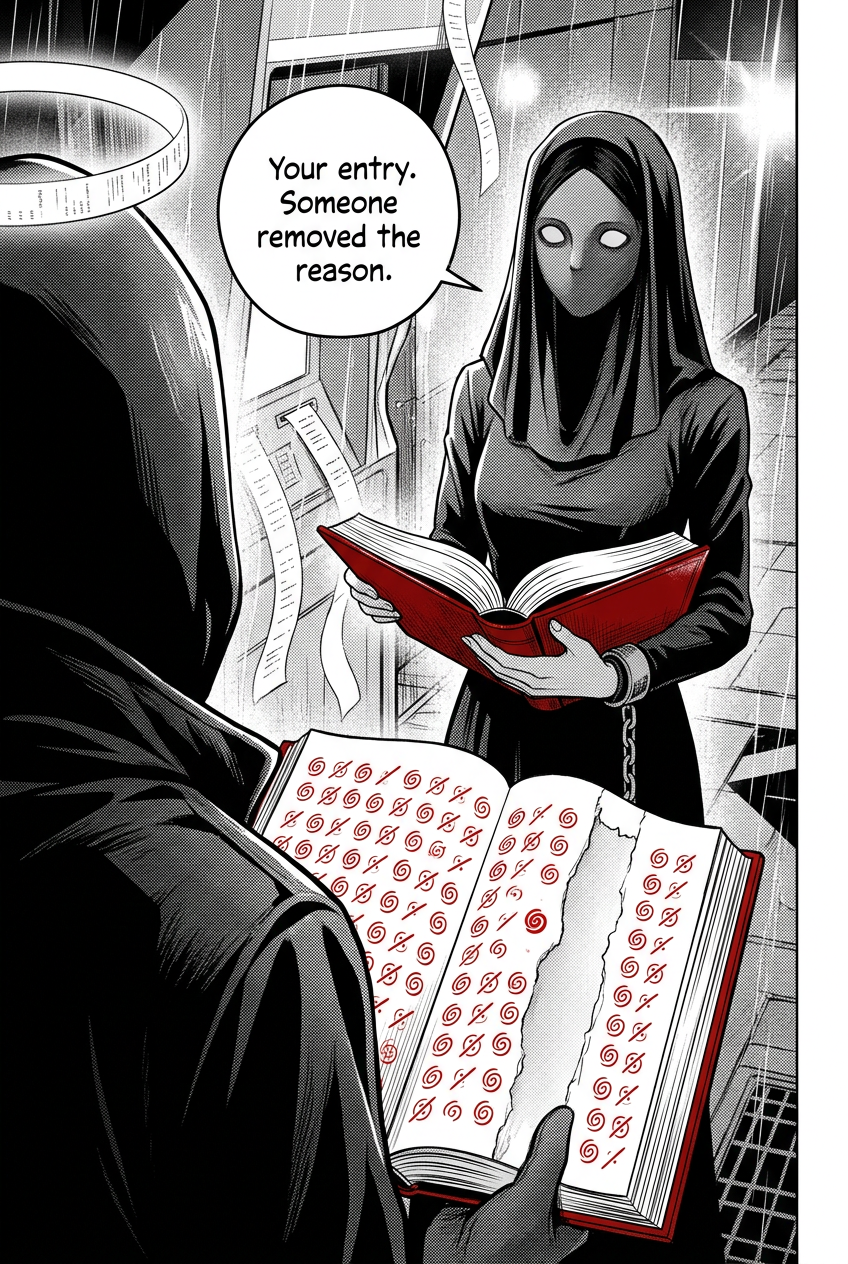 Over the courier's shoulder, the open red ledger shows rows of small red glyphs; one is circled but the part of the page describing its reason has been torn out.