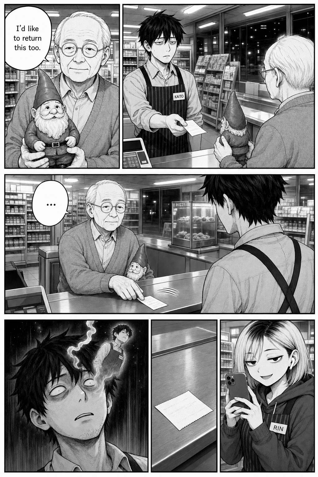 Dense manga page: after being refunded, the old man takes the receipt Kaito hands him, then calmly slides it right back to return that too; Kaito goes blank and dead-eyed while Rin films, delighted.