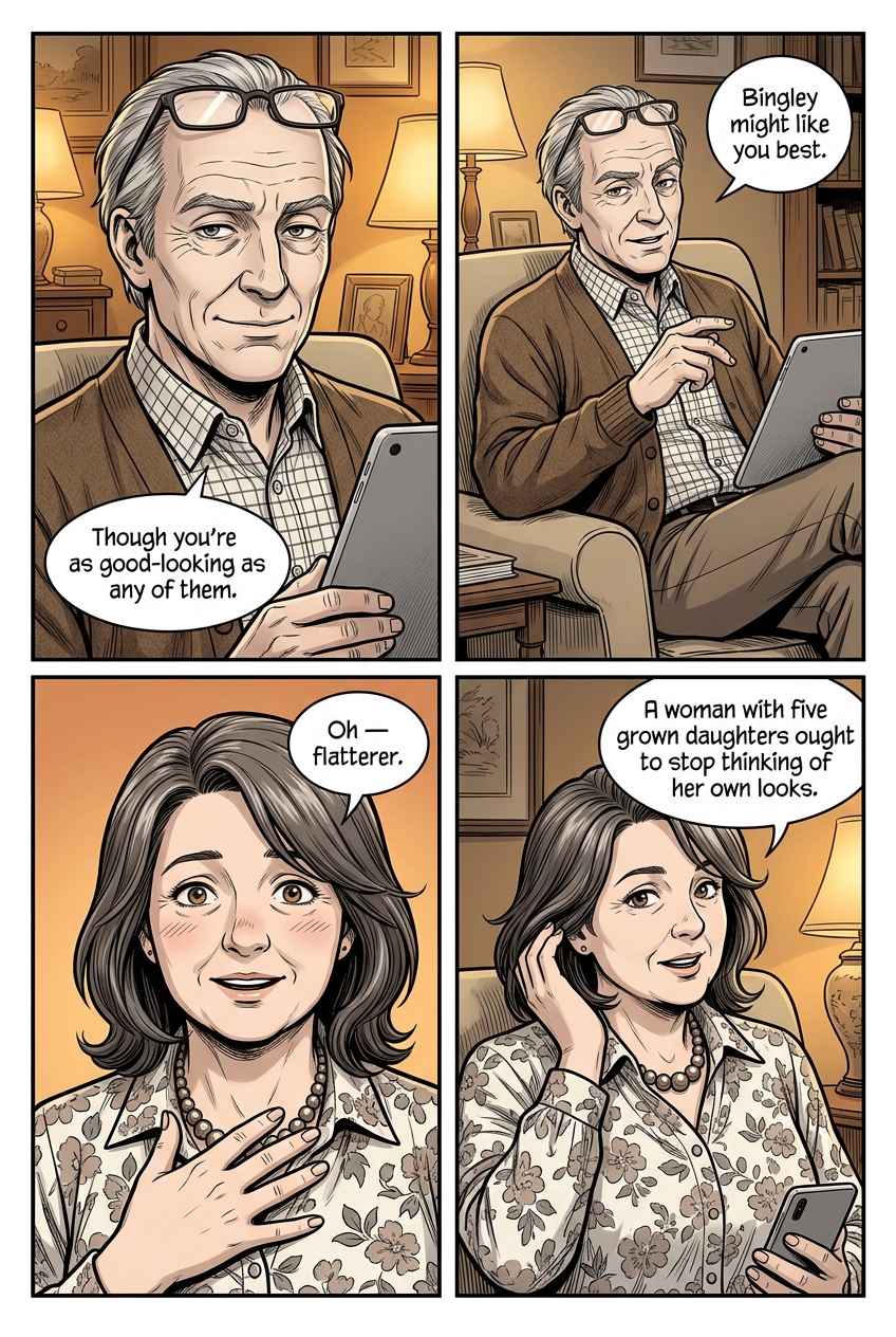 Four panels: Mr. Bennet setting up a sly tease, then needling; Mrs. Bennet caught off guard and flushing; and Mrs. Bennet half-preening then catching herself.