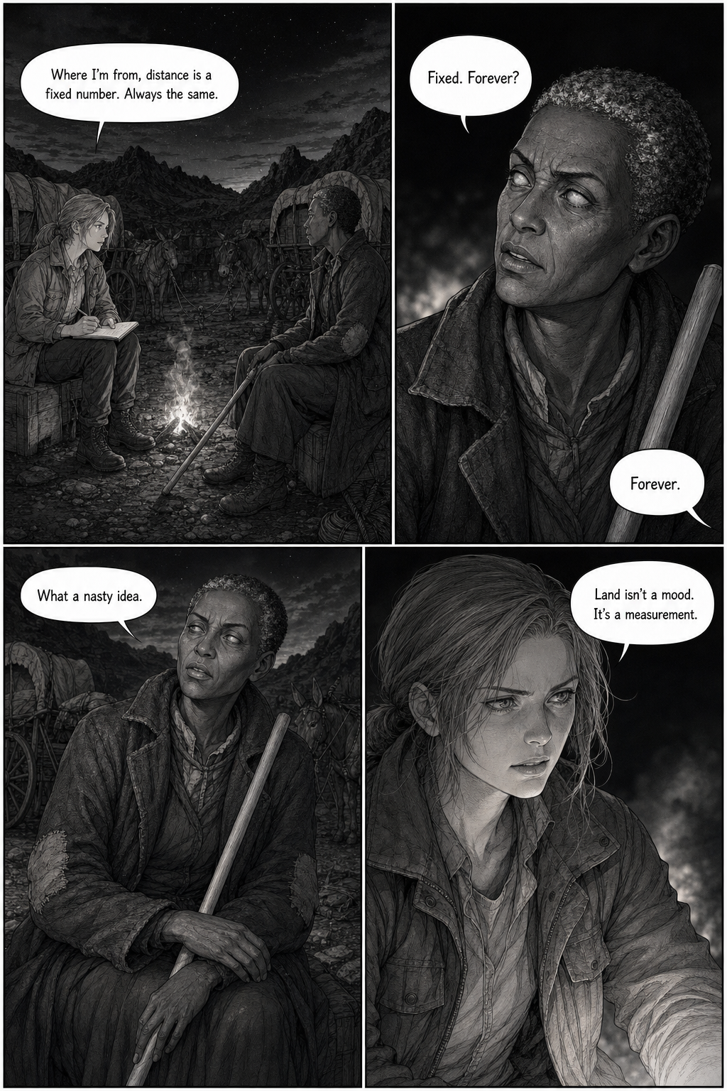 Merel and Adai sit across a night campfire beside the road, discussing maps and measurement while Adai reacts with bafflement and mild distaste.