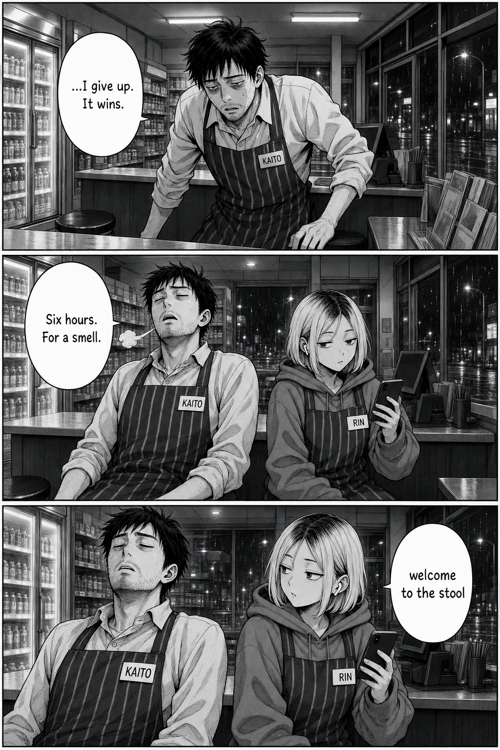 Beaten, Kaito gives up and sinks onto the stool beside Rin behind the counter, exhaling; Rin deadpans "welcome to the stool."