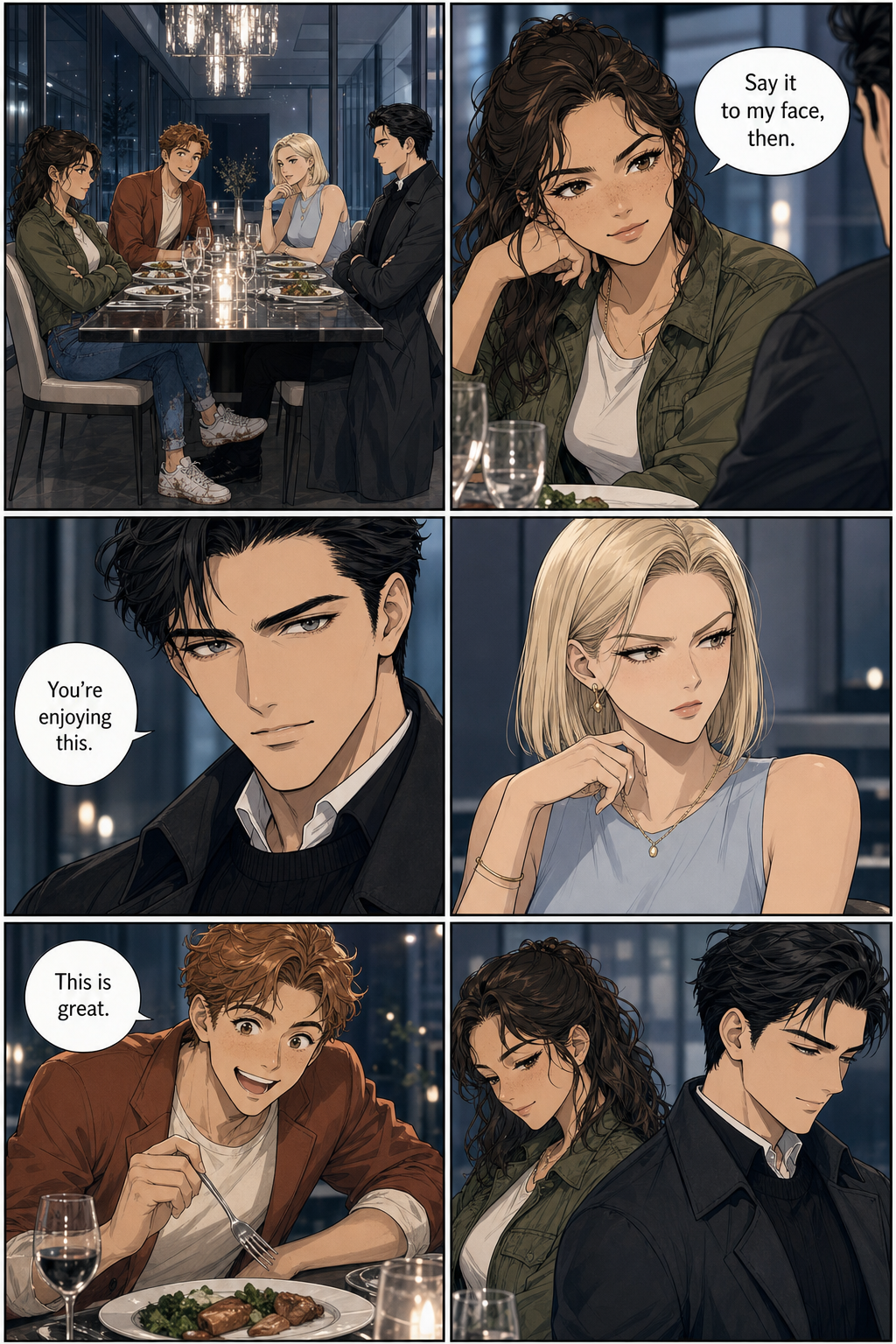 A six-panel dinner sequence: Lizzie and Darcy trade barbs across the table, Caroline's smile sours, Bingley grins in delight, and the two rivals look away fighting smiles.