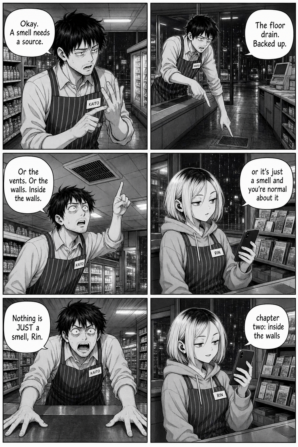 Dense page: Kaito rattles off theories about the smell's source — the drain, the vents, inside the walls — while Rin deadpans that maybe it's just a smell.