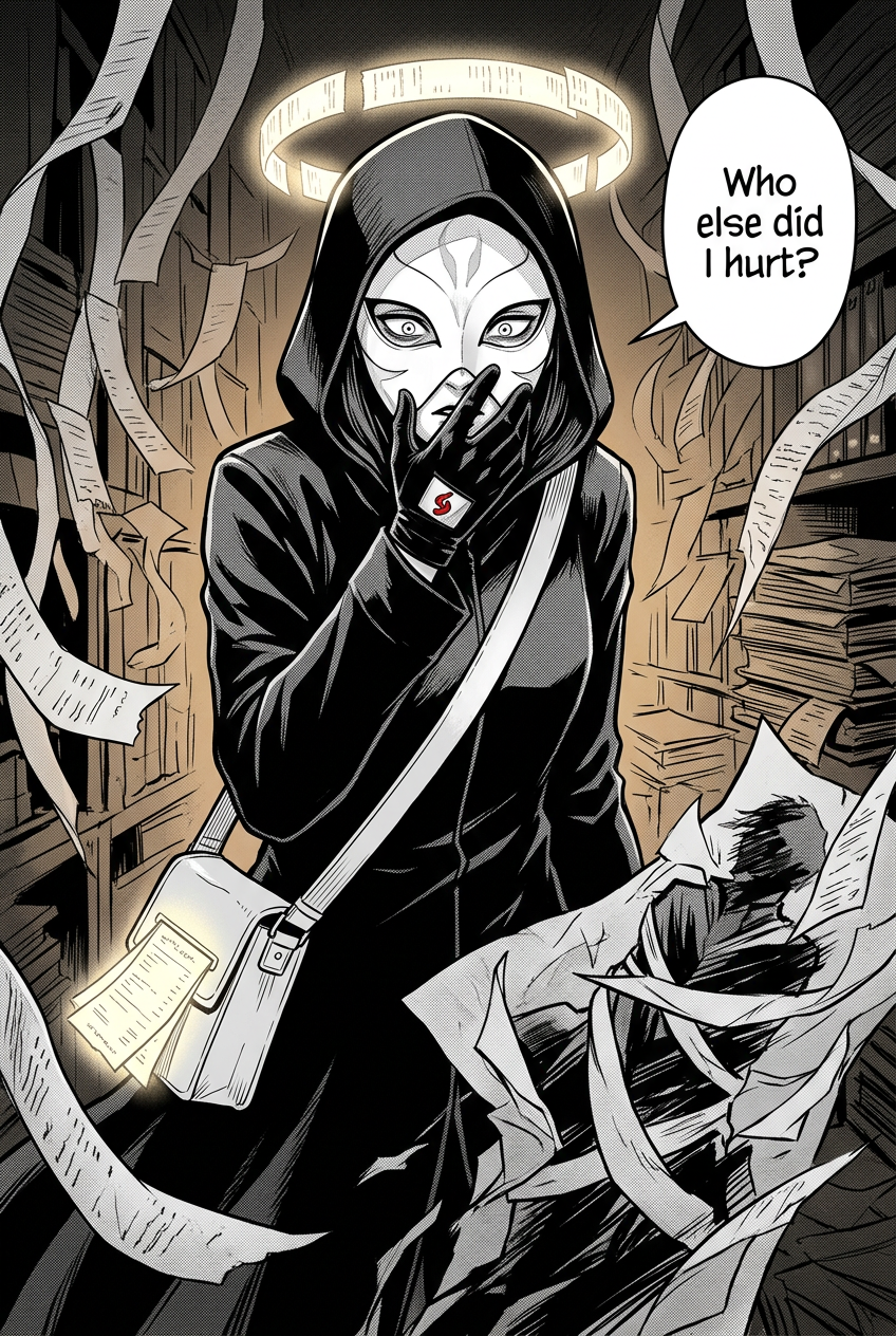 The masked courier freezes, one gloved hand near her mask, as she realizes a second person is bound to her sin; a victim's silhouette lies in the drifting paper.