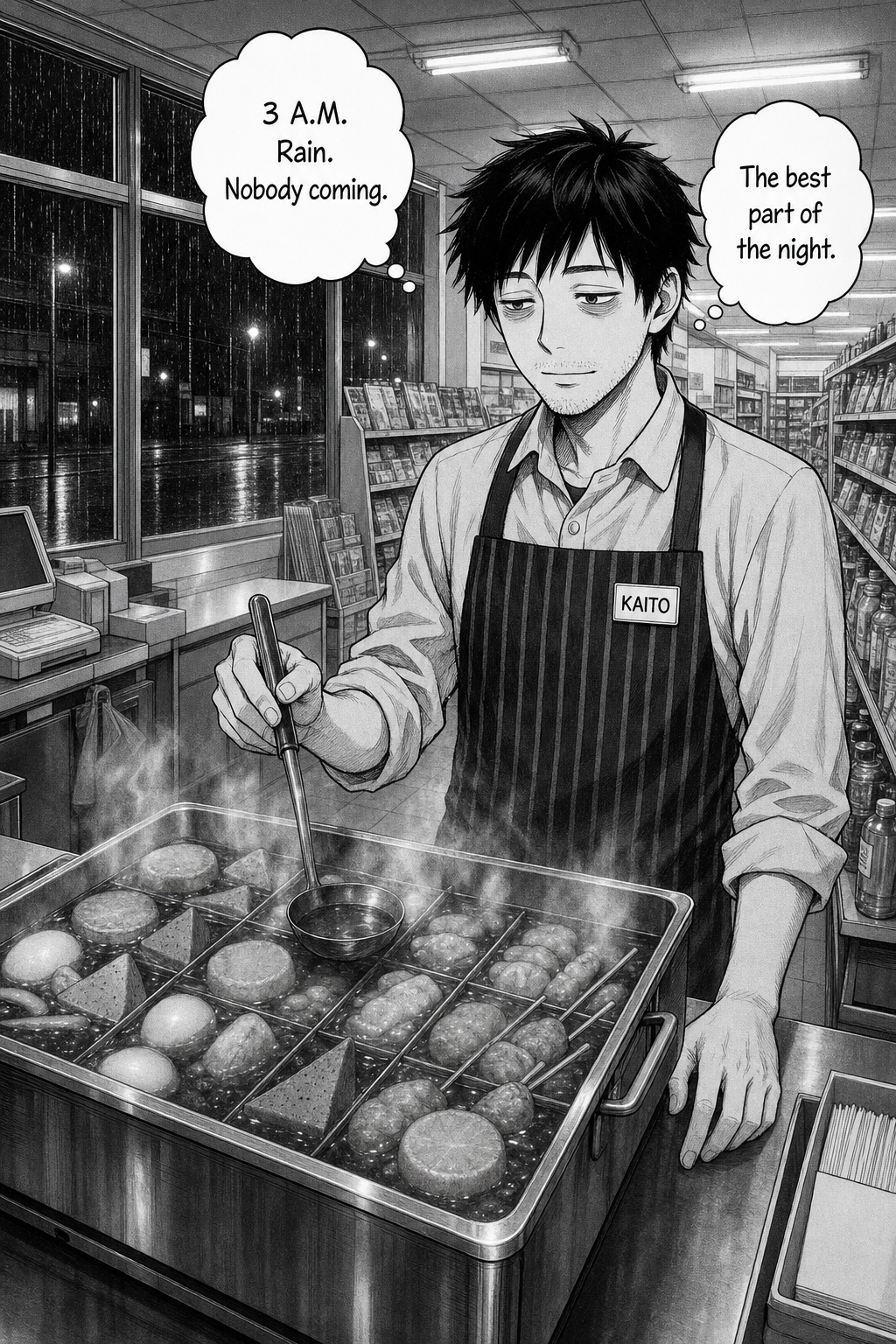 Wide night shot of a quiet 24-hour convenience store, rain on the dark windows. Behind the counter Kaito, in a striped apron and KAITO name tag, calmly ladles a large steaming stainless-steel oden pot full of eggs, daikon and fish cakes.