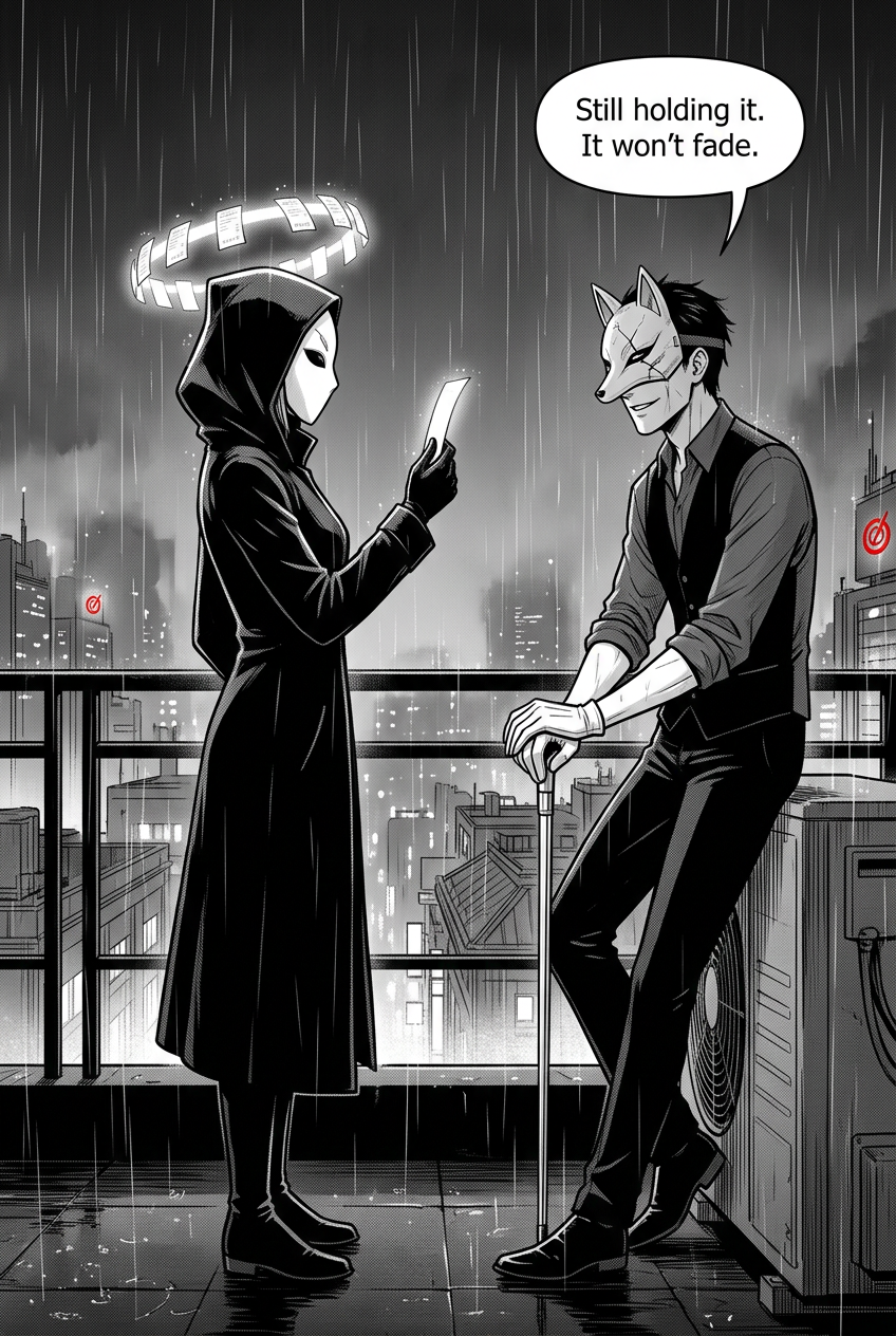 On a rainy rooftop, the masked courier holds a glowing receipt that will not fade, a halo of receipt-paper now hovering over her own hood, while the fox-visored man watches, leaning on his cane.