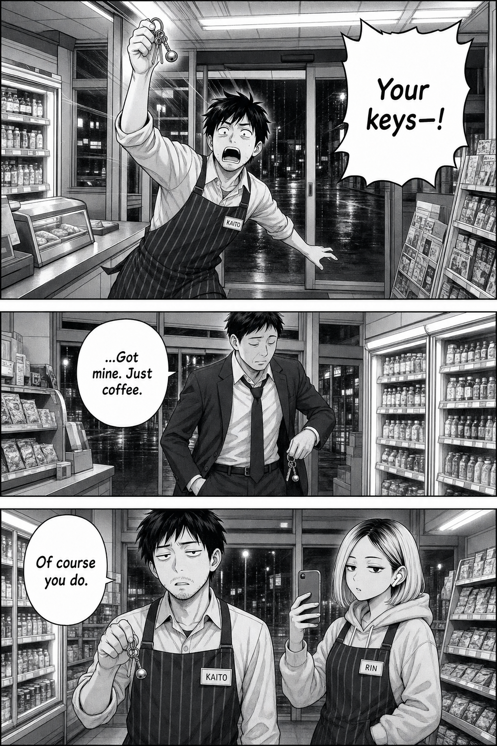 Three panels: the doors ding and Kaito springs up brandishing the keyring, shouting "Your keys—!"; a tired salaryman in a loosened tie pats his pockets, finds his own keys, and says he just wants coffee; Kaito lowers the keyring, deadpan, as Rin films.