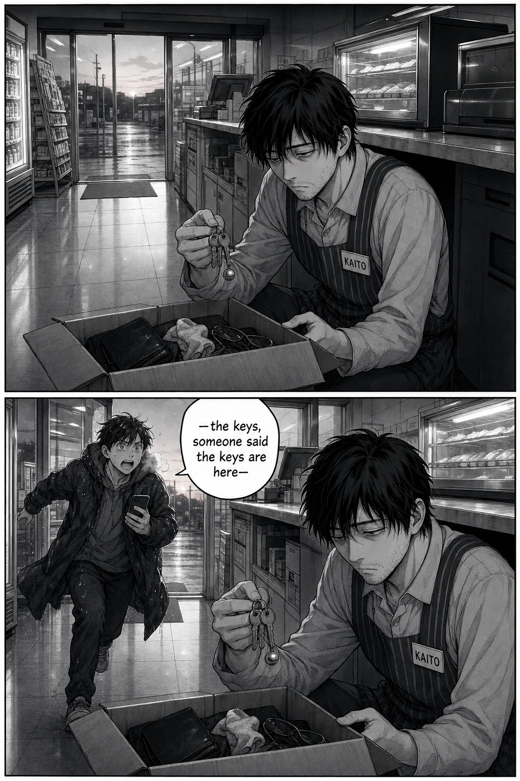 Two panels at dawn: the sliding doors open in the same framing as the earlier leaps, but this time Kaito does not look up — he stays hunched over the lost-and-found box, holding the keyring. Behind him, a rain-damp person in a dark coat rushes in clutching a phone, breathless, calling out that the keys are here.