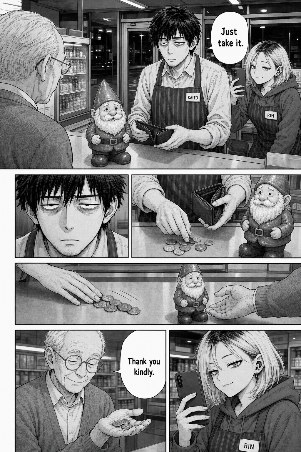 Dense manga page: a hollow-eyed Kaito pulls out his own wallet, counts coins onto the counter, and slides the money to the old man to refund the gnome out of pocket; the old man accepts with a gentle smile.