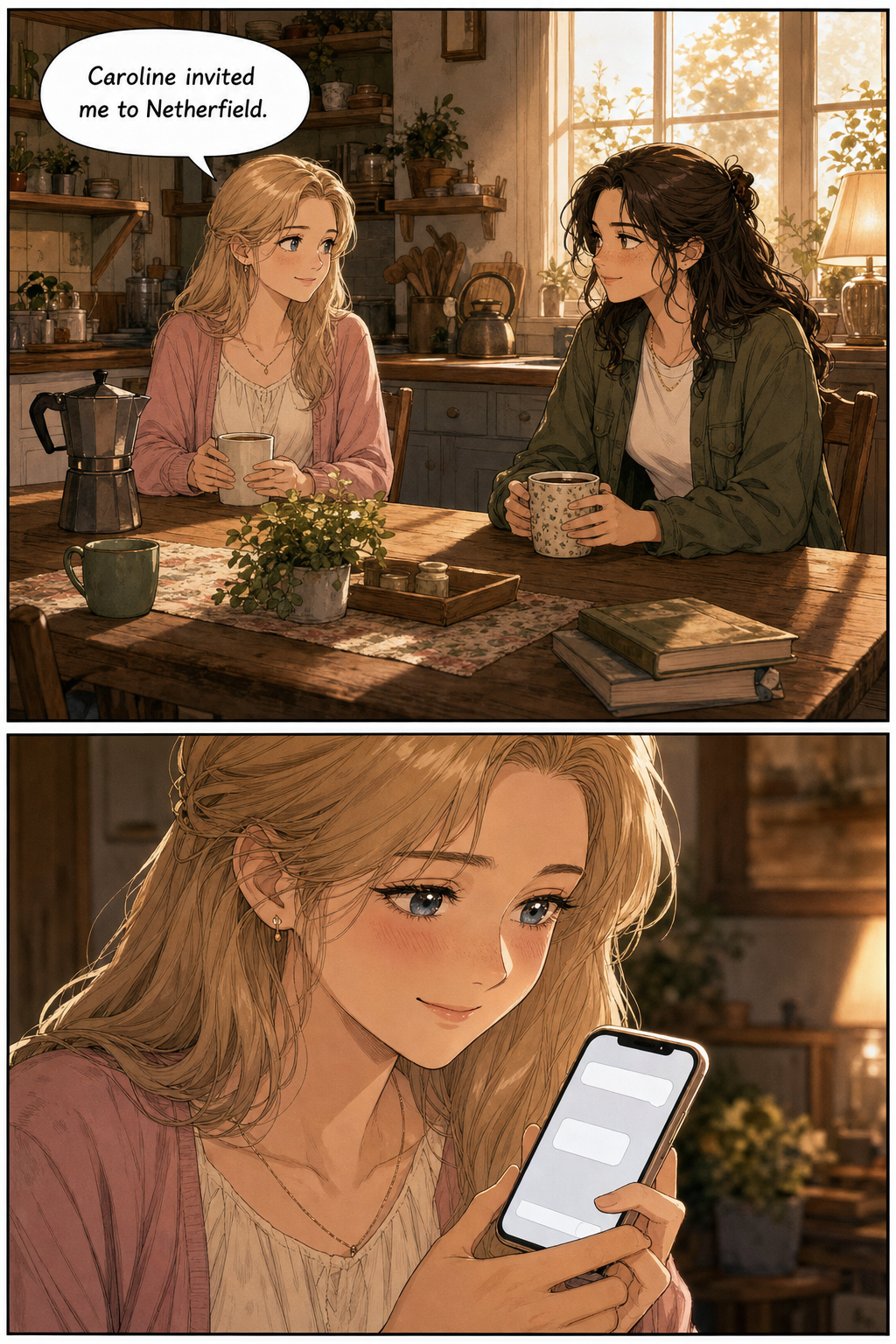 Lizzie and her sister Jane sit with mugs of coffee at the wooden table of the warm, cluttered Bennet kitchen; a close-up shows Jane smiling shyly at a phone notification.