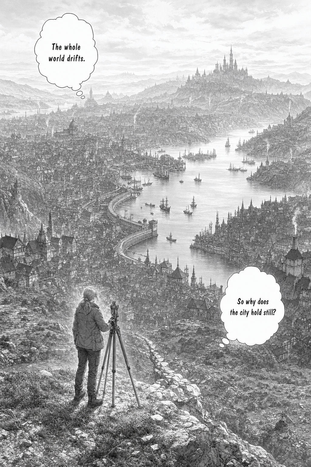 From a high ridge, Merel looks down over Ninefold, a vast harbour city of tiled roofs, harbour walls, ships, smoke, and dense architecture beneath luminous haze.