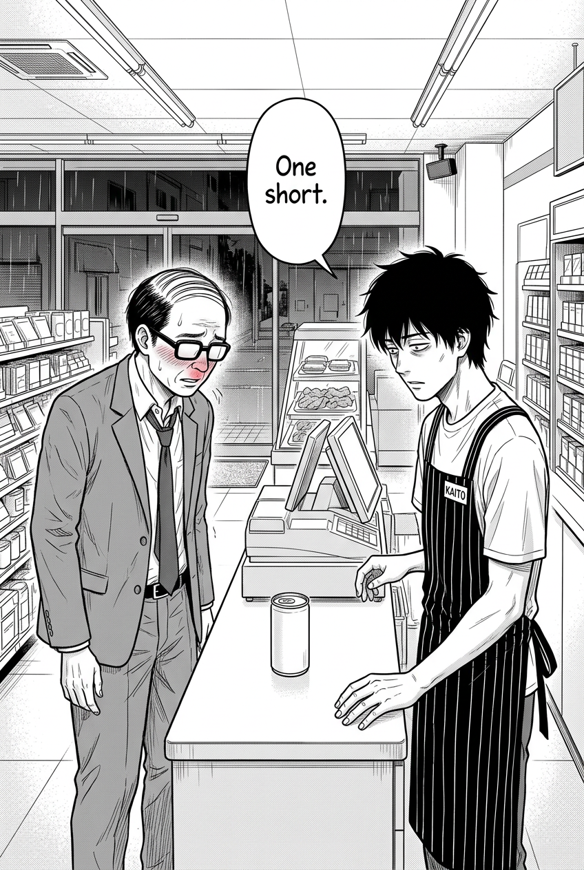 A drunk salaryman in a rumpled grey suit, loosened tie, and thick square black glasses sways at the counter, setting down a single can of coffee. Behind the register, Kaito stares at the lone can, his face falling into despair.
