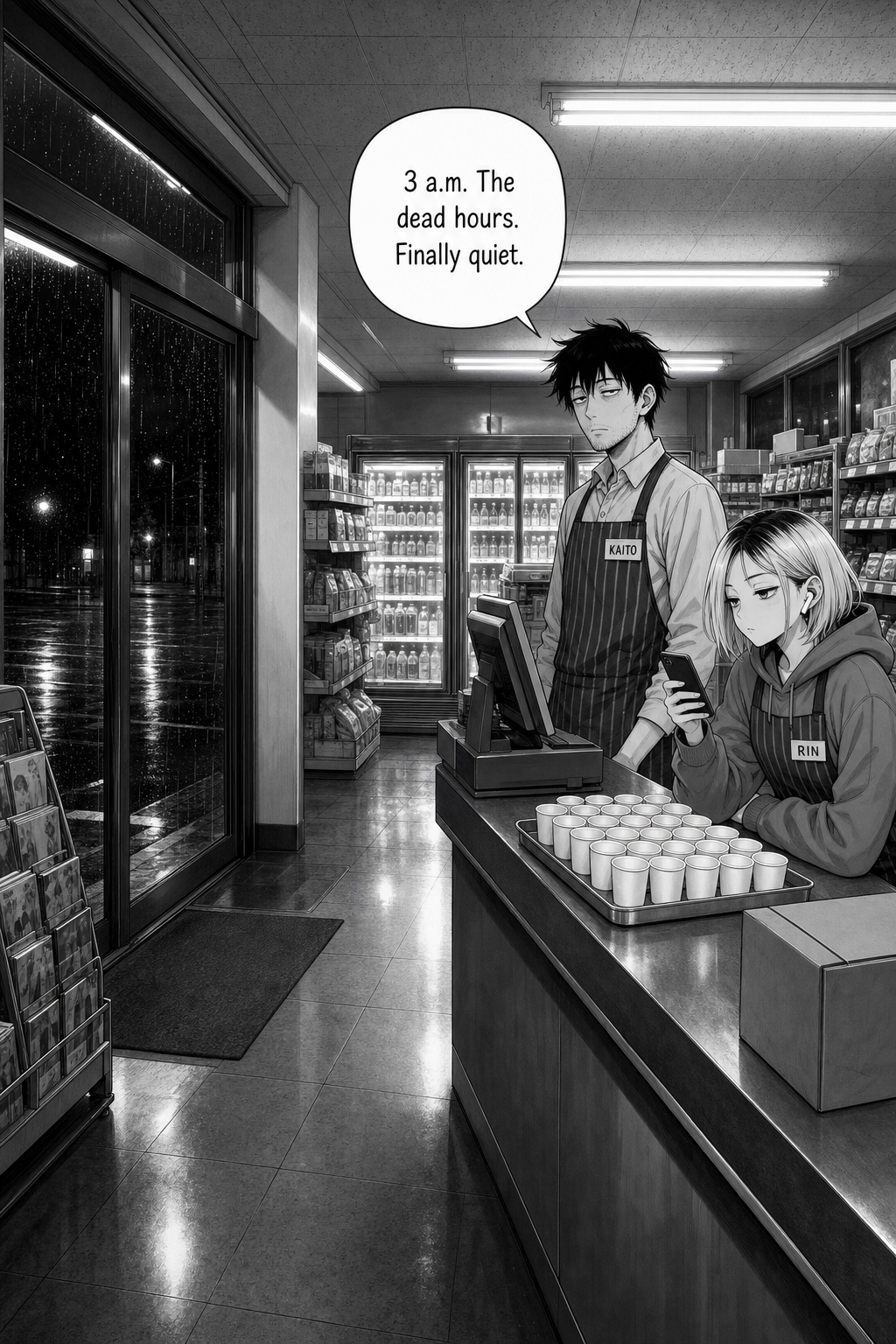 Wide night shot of an empty 24-hour convenience store seen from the sliding entrance toward the register, rain on the windows. Kaito stands behind the counter beside Rin, who is on her phone; a metal tray of small paper cups and a plain cardboard crate sit on the counter.