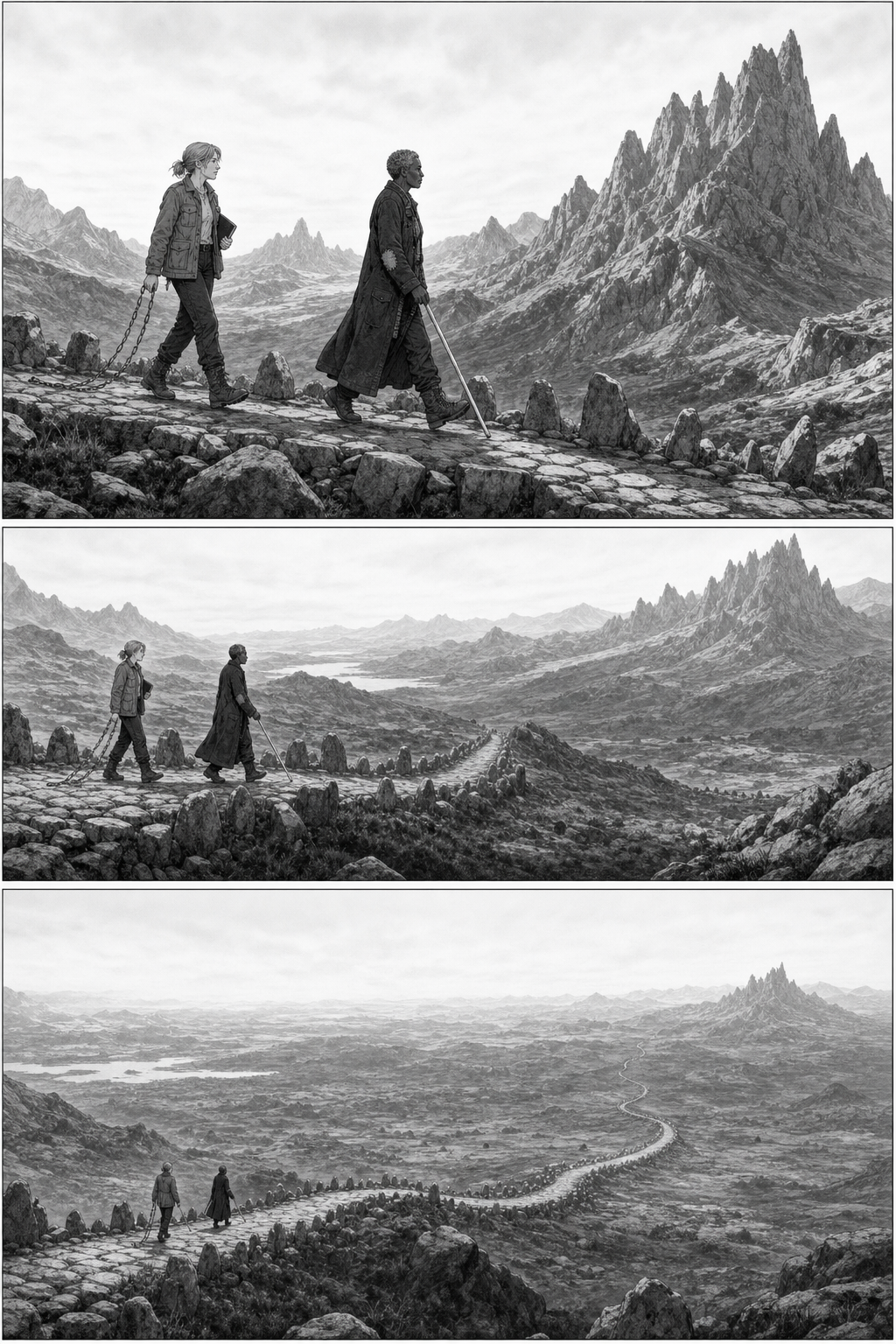 Adai walks calmly along a stone-spined road while Merel follows with her measuring chain, counting paces as the same ridge appears both near and far.