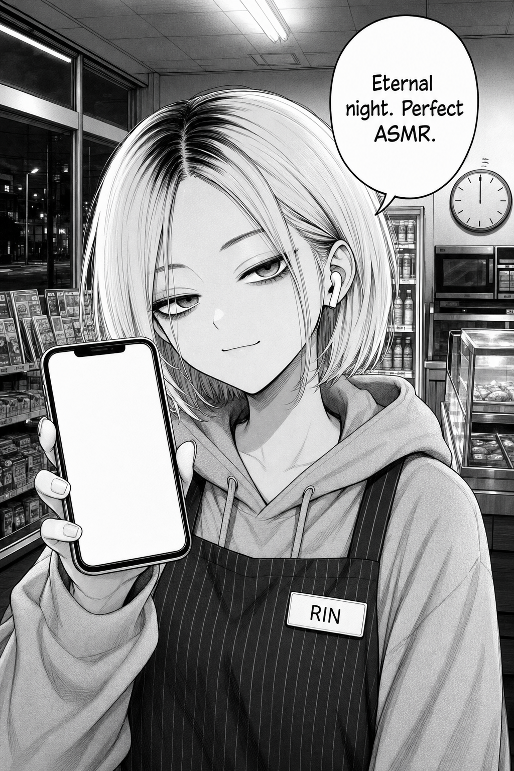 Close on Rin holding up her phone as if filming, blank screen toward the viewer, with a small satisfied smirk. The stuck wall clock is behind her.